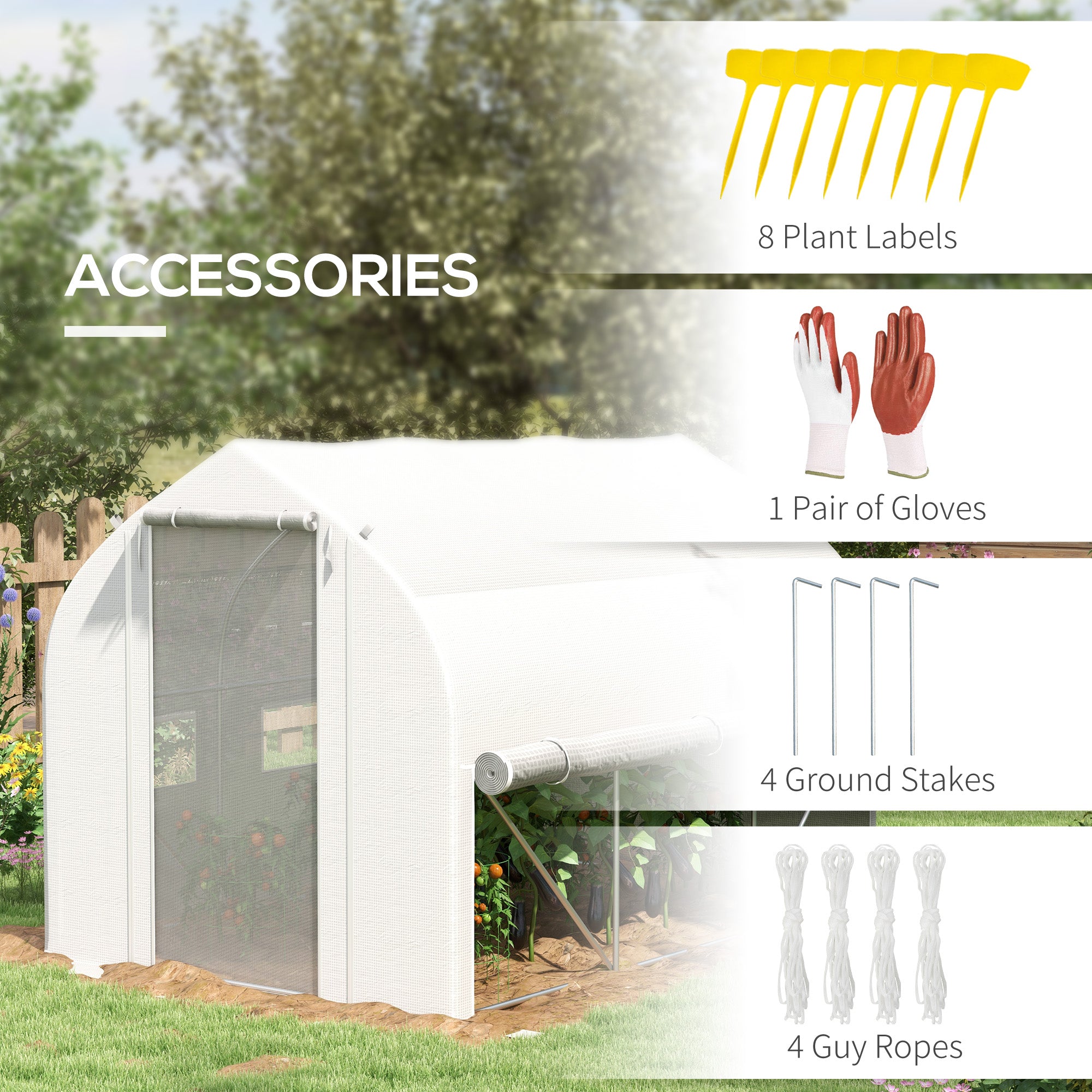 Outsunny 3 x 2(m) Walk-in Polytunnel Greenhouse, Zipped Roll Up Sidewalls, Mesh Door, 6 Mesh Windows, Tunnel Warm House Tent with PE Cover, Complimentary Plant Labels and Gloves, White - North Peak Garden Furniture