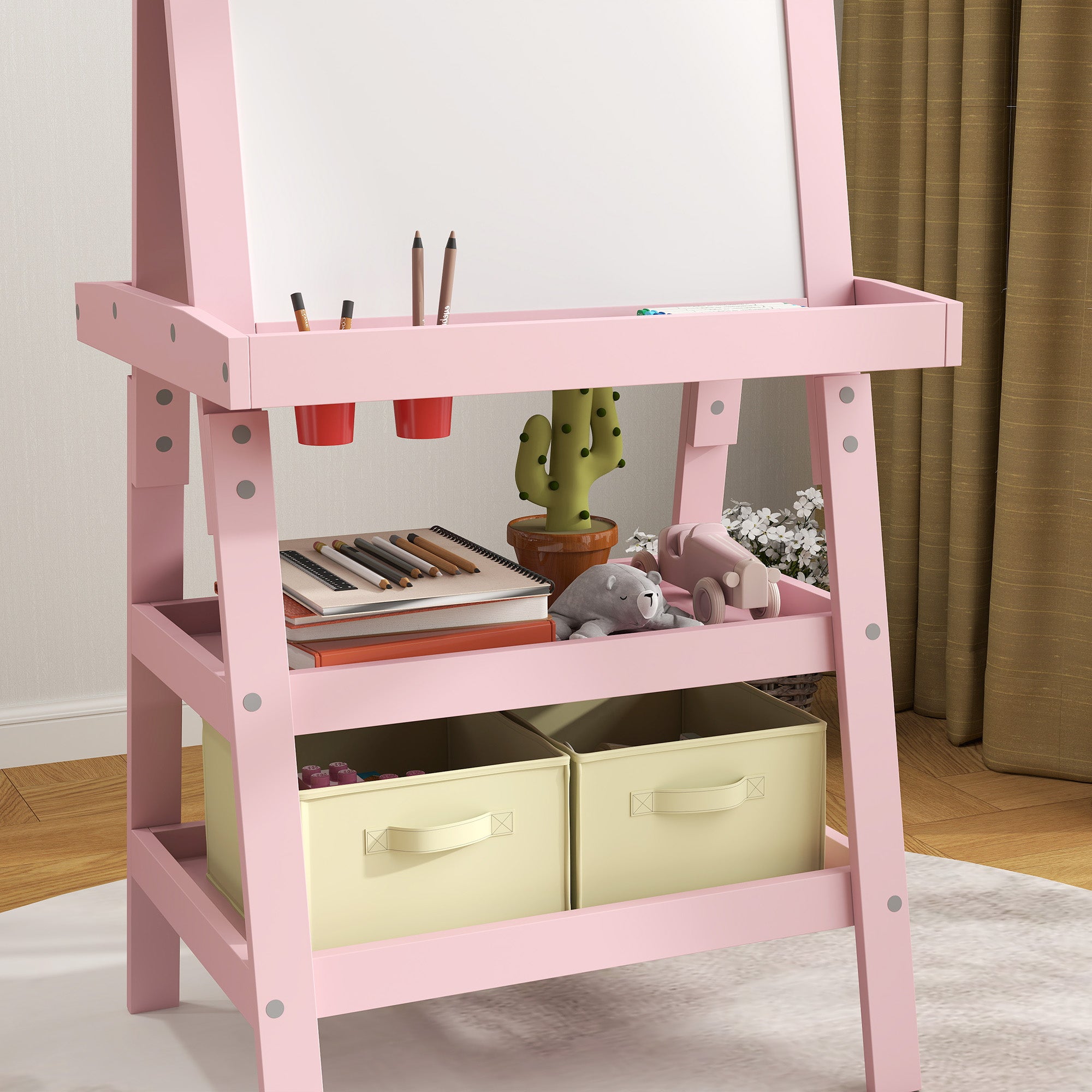 AIYAPLAY 3 in 1 Kids Easel Double-Sided Magnetic Whiteboard and Chalkboard with Paper Roll, Storage Baskets - Pink - North Peak Garden Furniture