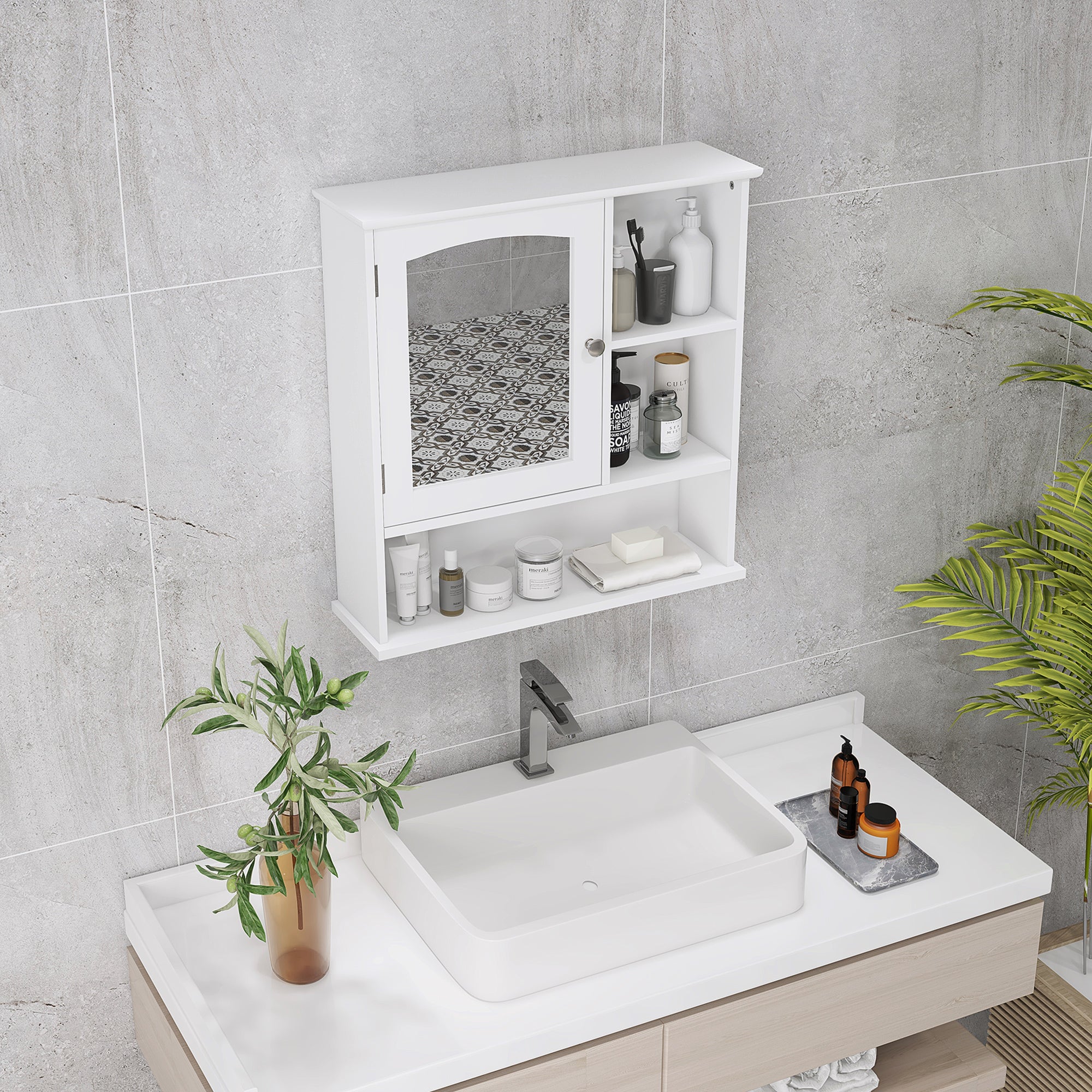 kleankin Bathroom Cabinet, Wall Mount Storage Organizer with Mirror, Adjustable Shelf for Bathroom, Kitchen, Bedroom, White - North Peak Garden Furniture