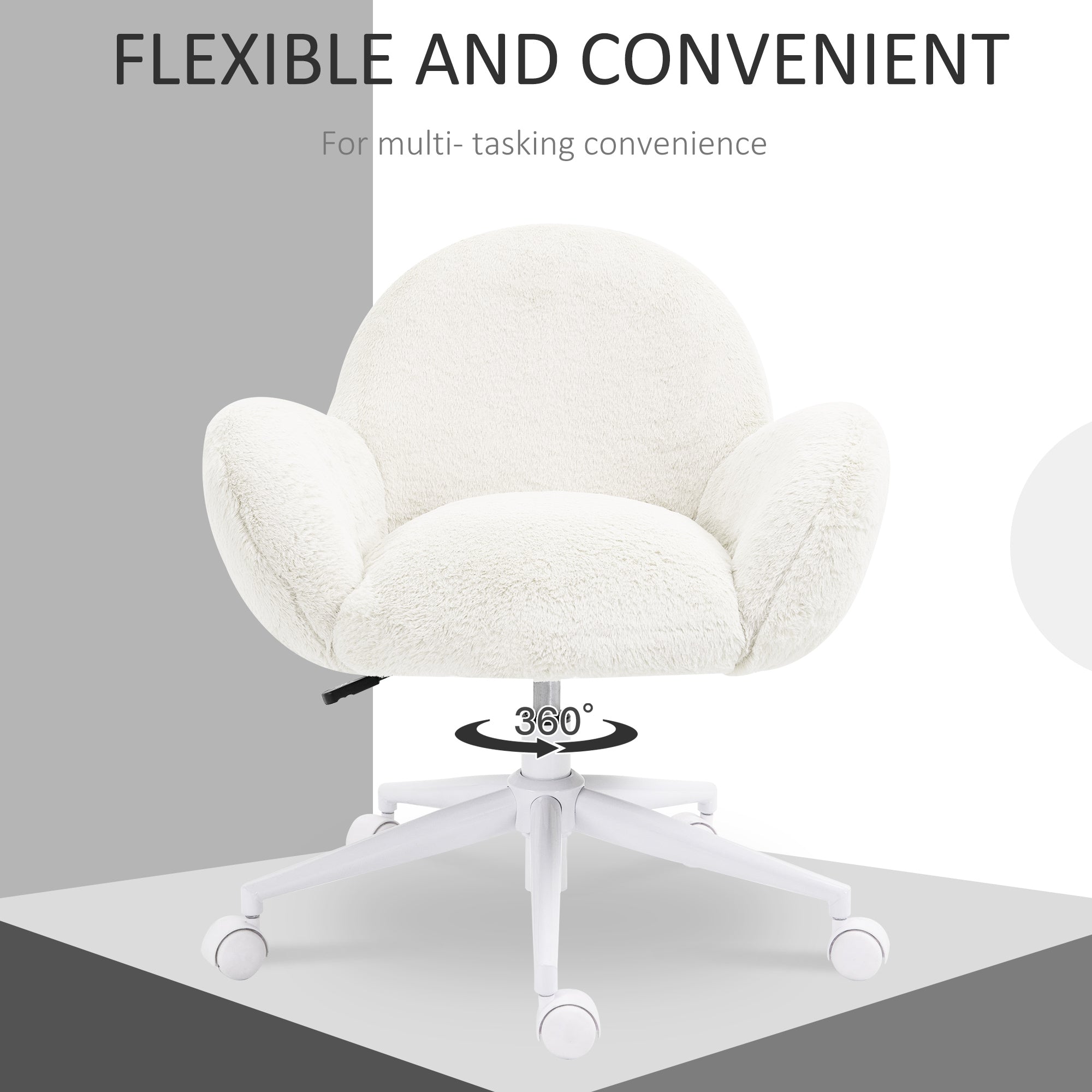 HOMCOM Makeup Vanity Chair, Cute Fluffy Desk Chair with Rolling Wheels for Bedroom Living Room, Cream White - North Peak Garden Furniture
