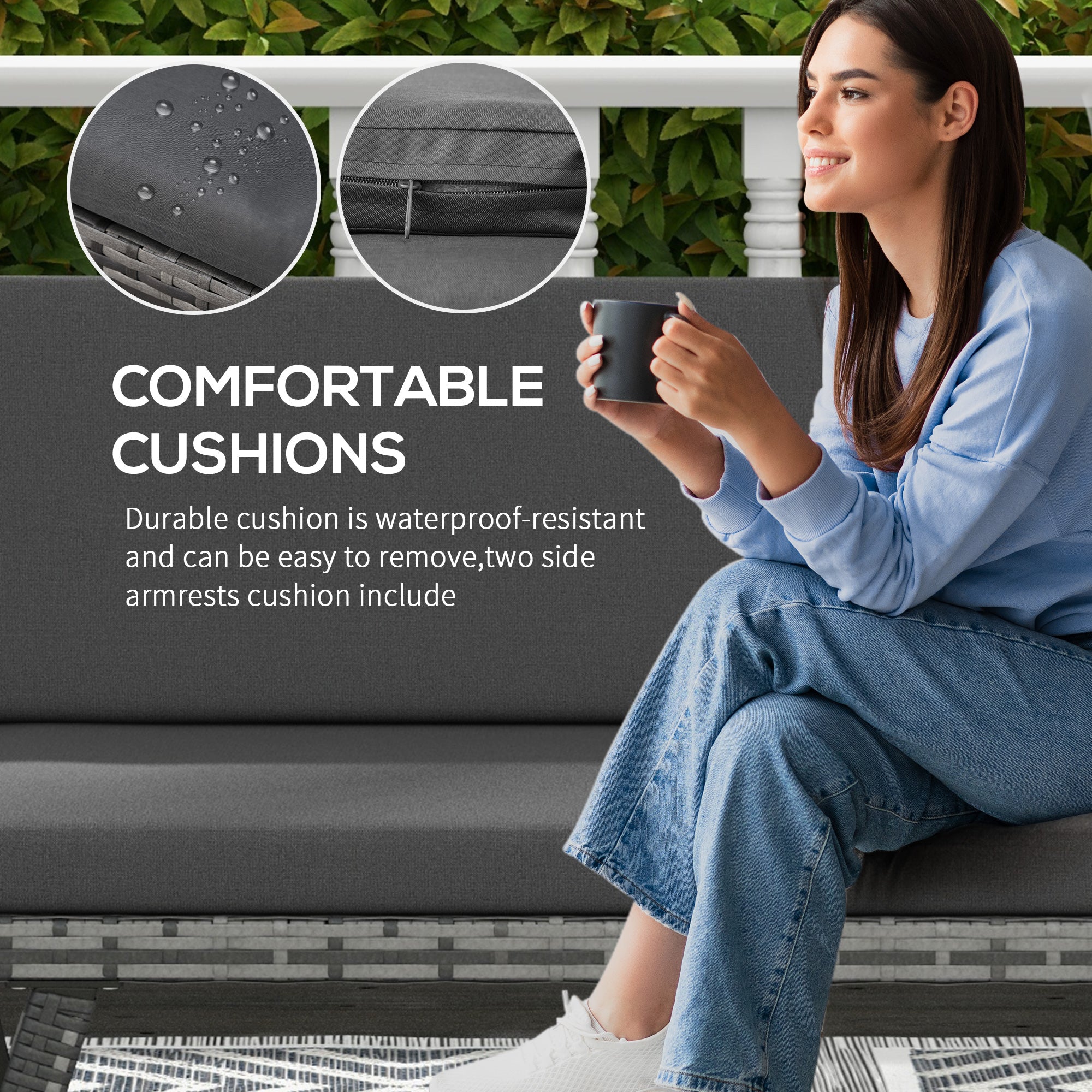 Outsunny 2 Seater Rattan Sofa with Cushions, 2-in-1 PE Rattan Daybed Sofa with Left Up or Down Armrests, Garden Chaise Lounger Loveseat for Outdoor, Patio, Mixed Grey - North Peak Garden Furniture