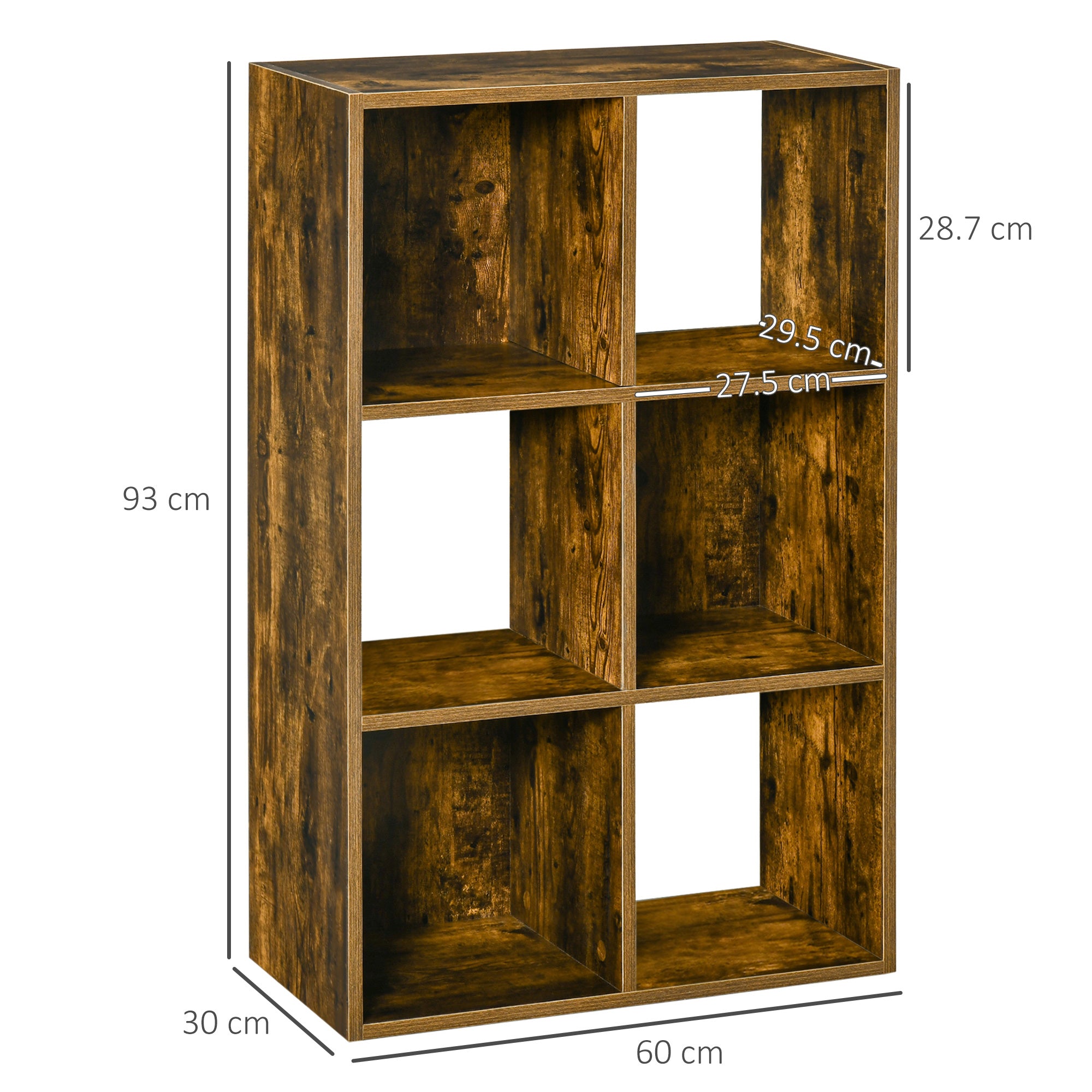 HOMCOM Industrial Style Storage Shelf, Bookcase, Bookshelf with 6 Compartments, Freestanding Shelving Unit for Living Room, Home Study, Rustic Brown - North Peak Garden Furniture