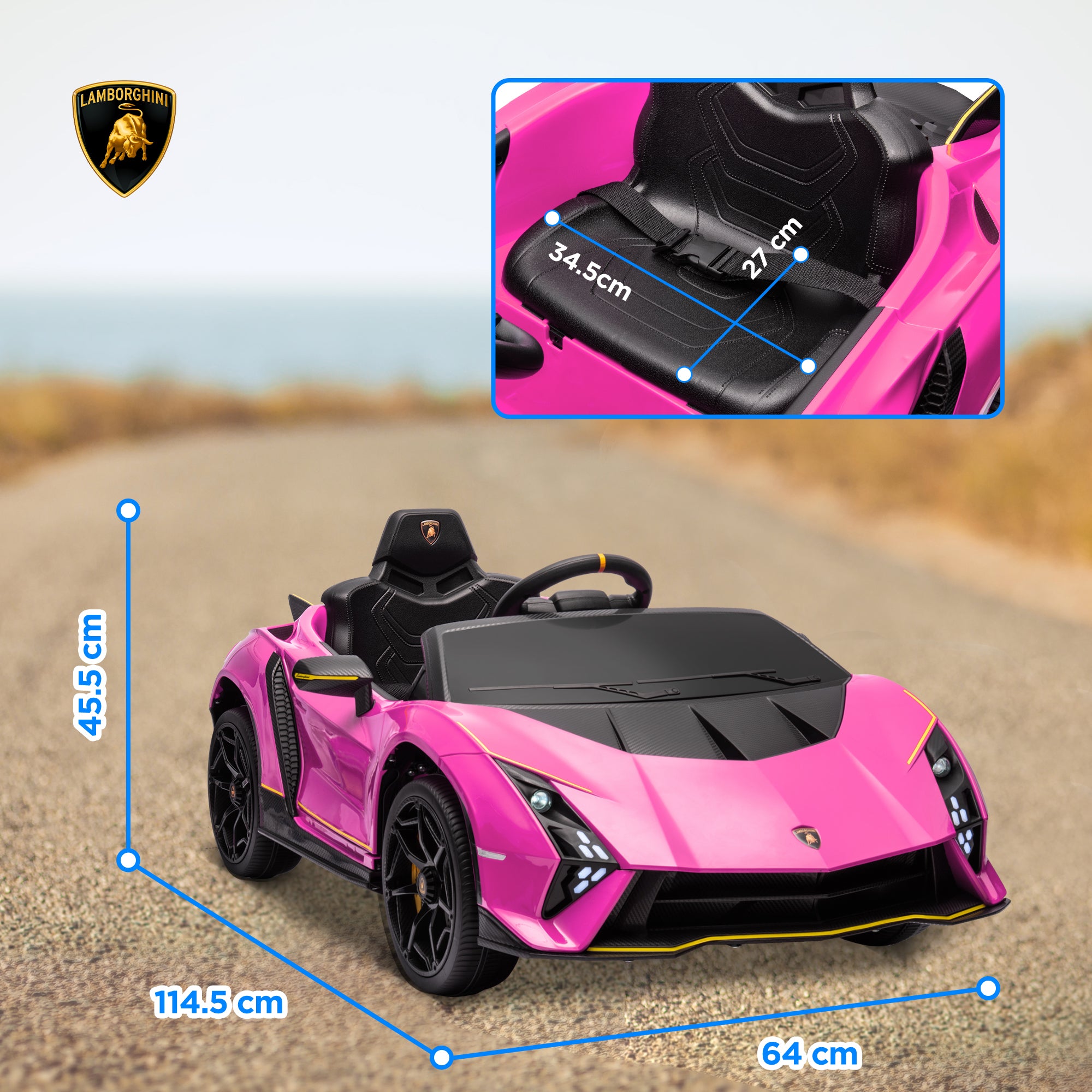 AIYAPLAY 12V Lamborghini Autentica Licensed Kids Electric Car with Remote Control, 4 Suspension Wheels, Soft Start, Pink - North Peak Garden Furniture