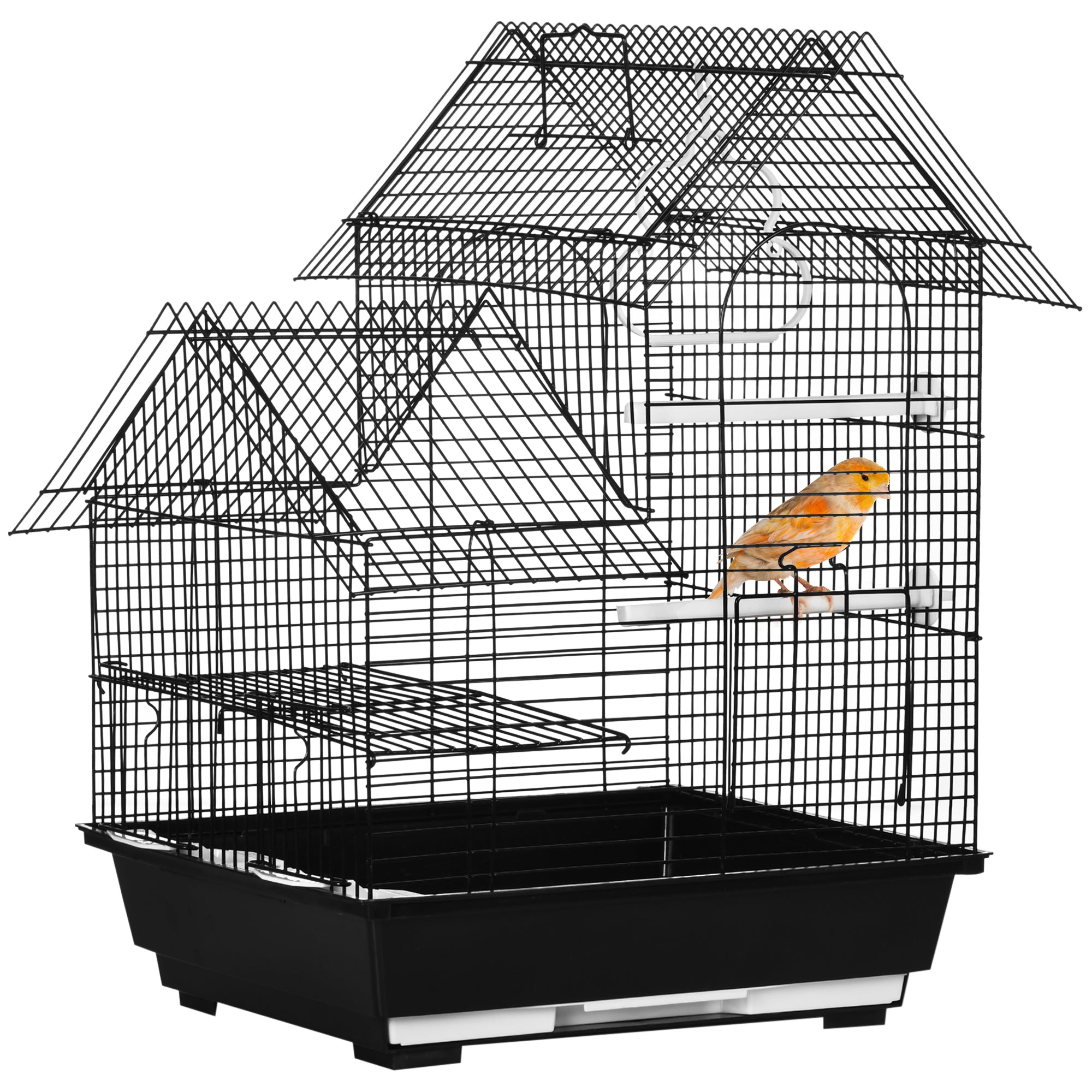 PawHut Metal Bird Cage w/ Stand, Parrot Cockatiel Budgie Finch Canary, Includes Food Containers Swing Ring Tray, Black, 39 x 33 x 47 cm | Aosom UK