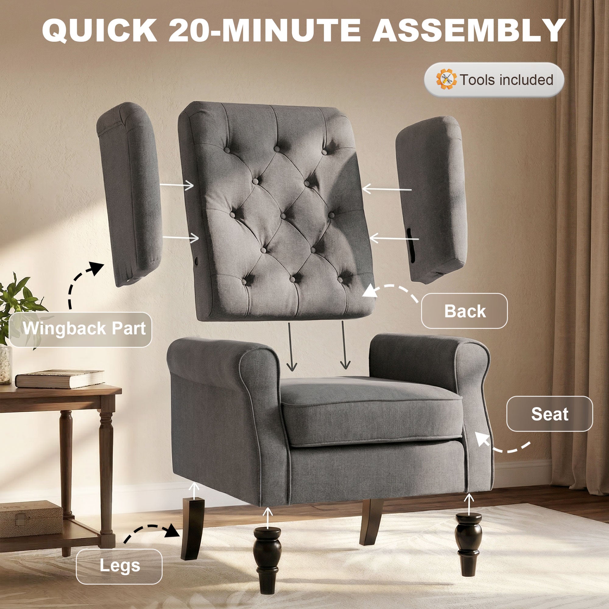 HOMCOM Retro Accent Chair, Wingback Armchair with Wood Frame Button Tufted Design for Living Room Bedroom, Dark Grey