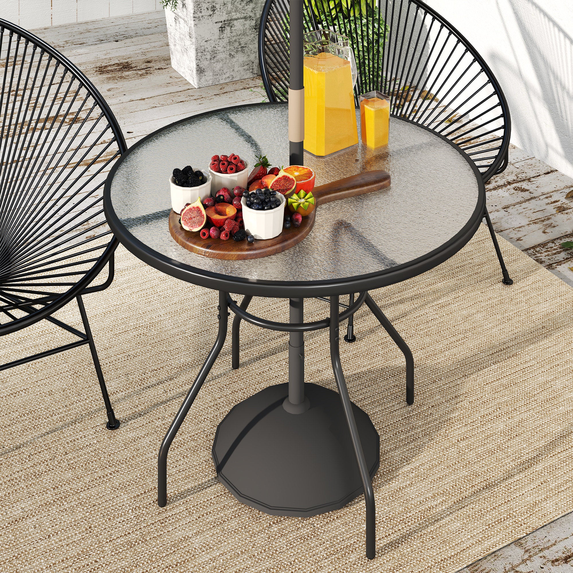 Outsunny 100 cm Round Dining Table with Parasol Hole, Outdoor Coffee End Side Table with Tempered Glass Top, Steel Frame for Garden, Black - North Peak Garden Furniture