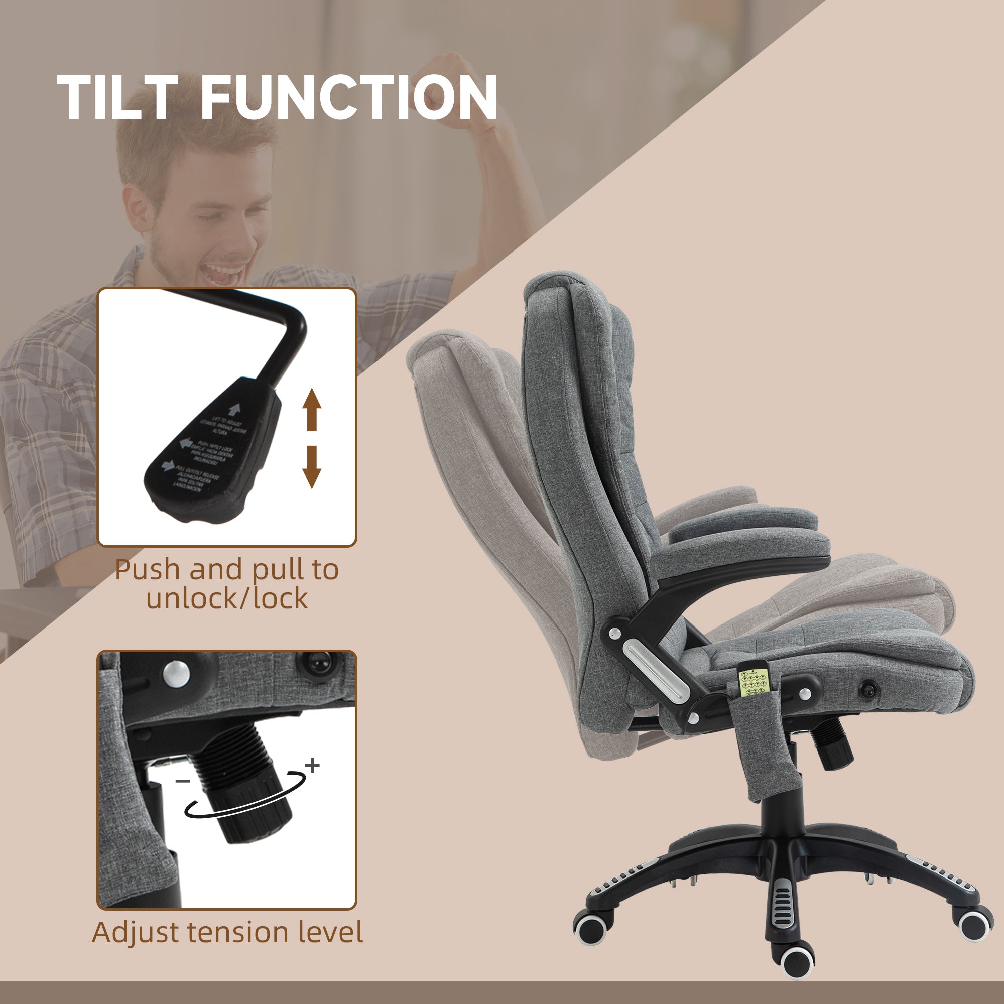 Vinsetto Massage Recliner Chair Heated Office Chair with Six Massage Points Linen-Feel Fabric 360° Swivel Wheels Grey - North Peak Garden Furniture