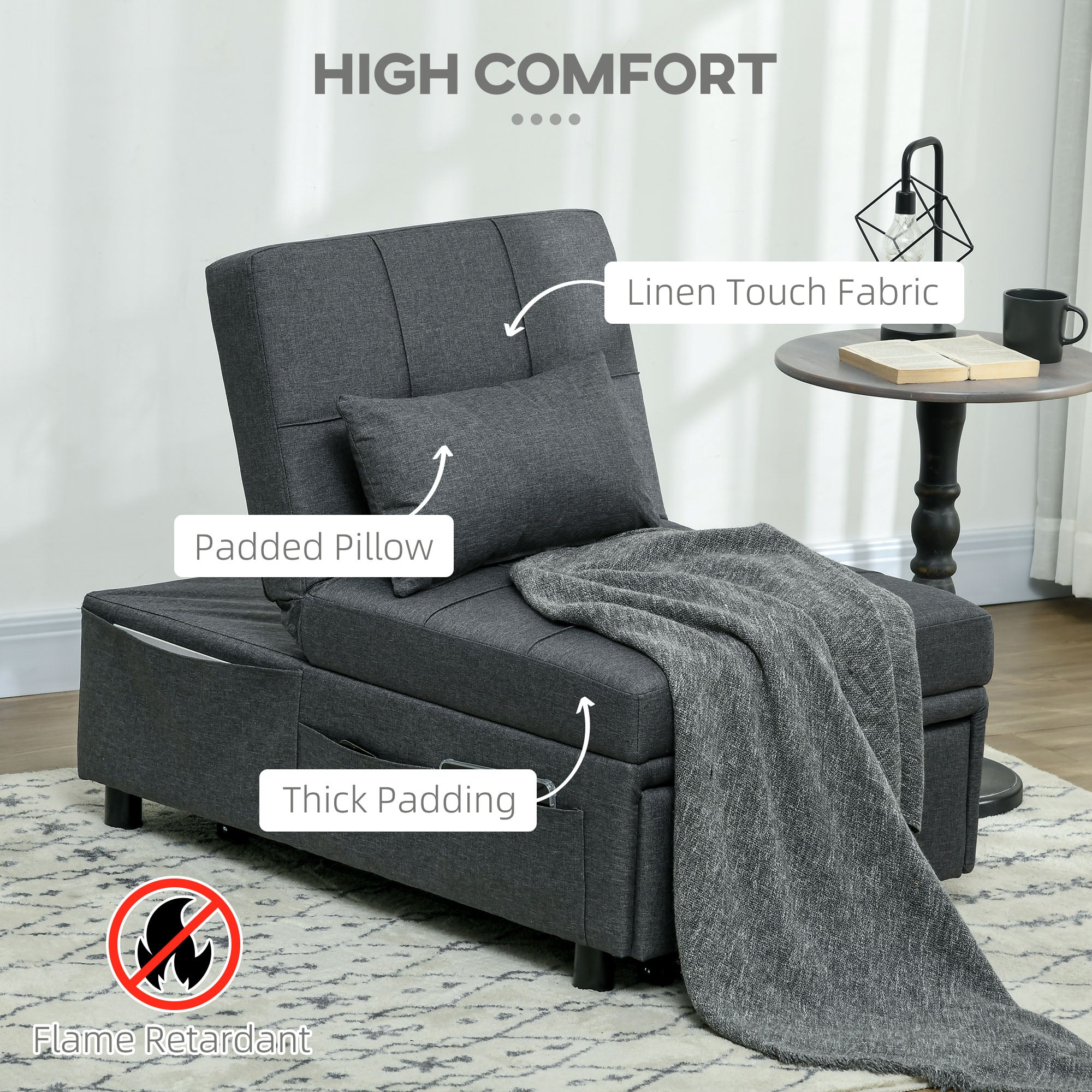 HOMCOM Convertible Chair Bed with Padding Seat, 4-in-1 Multi-Functional Sleeper Sofa Bed, Recliner with Adjustable Backrest, Side Pocket, Wheels and Pillow, for Living Room, Grey - North Peak Garden Furniture