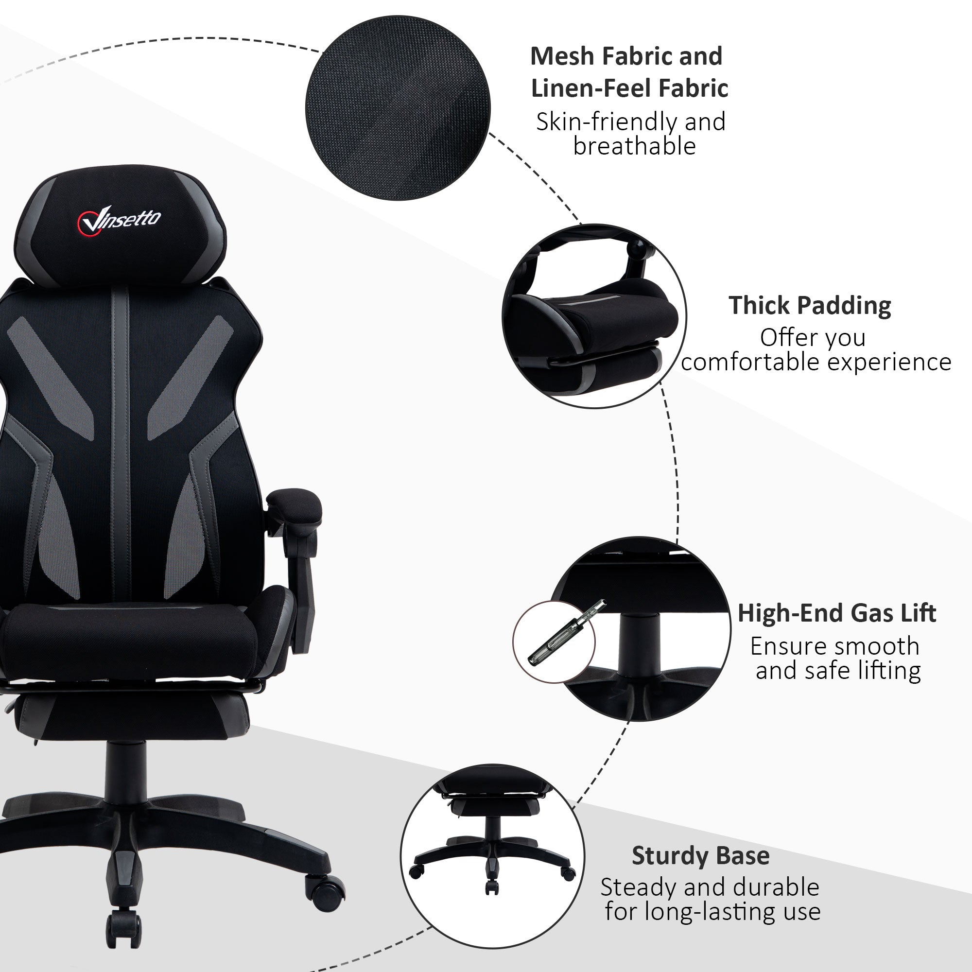 Vinsetto Mesh Office Chair Desk Task Computer Recliner with Footrest, Lumbar Back Support, Swivel Wheels, Adjustable Height for Home, Black Grey - North Peak Garden Furniture