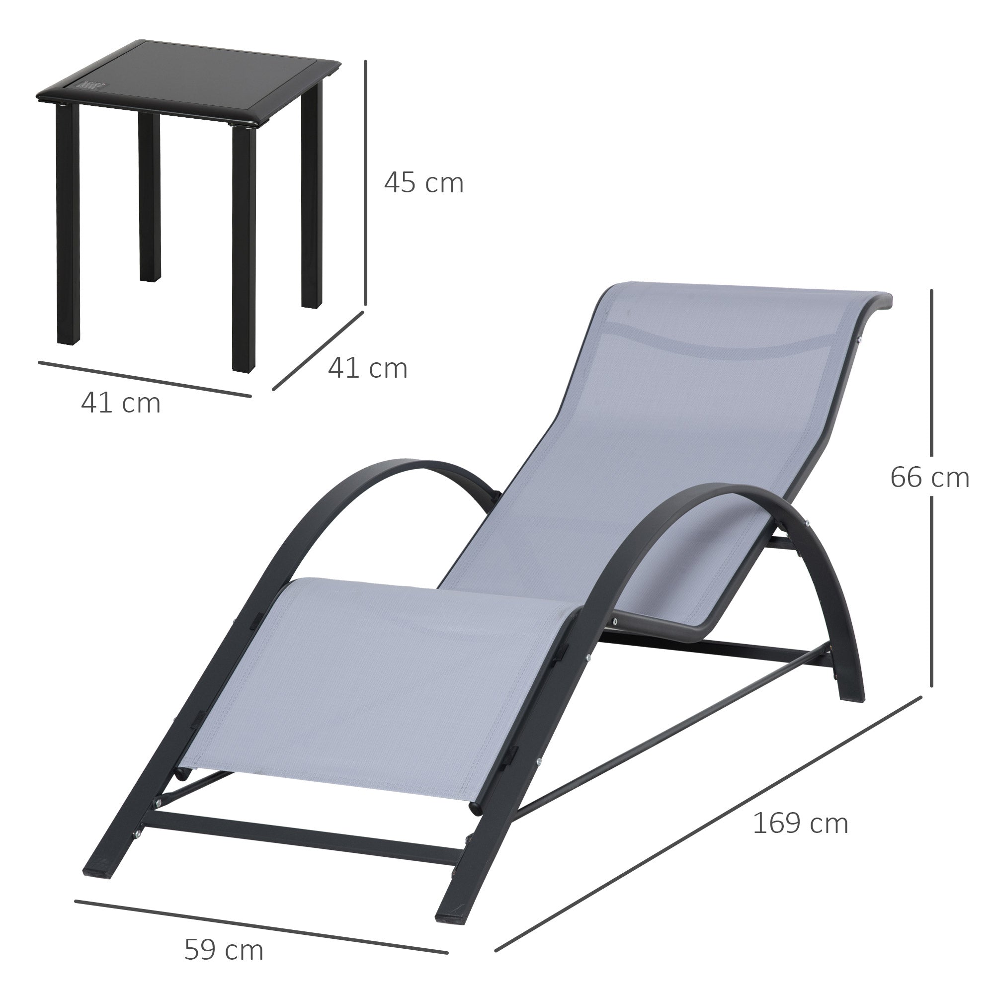 Outsunny 3 Pieces Lounge Chair Set Metal Frame Garden Outdoor Recliner Sunbathing Chair with Table, Light Grey - North Peak Garden Furniture