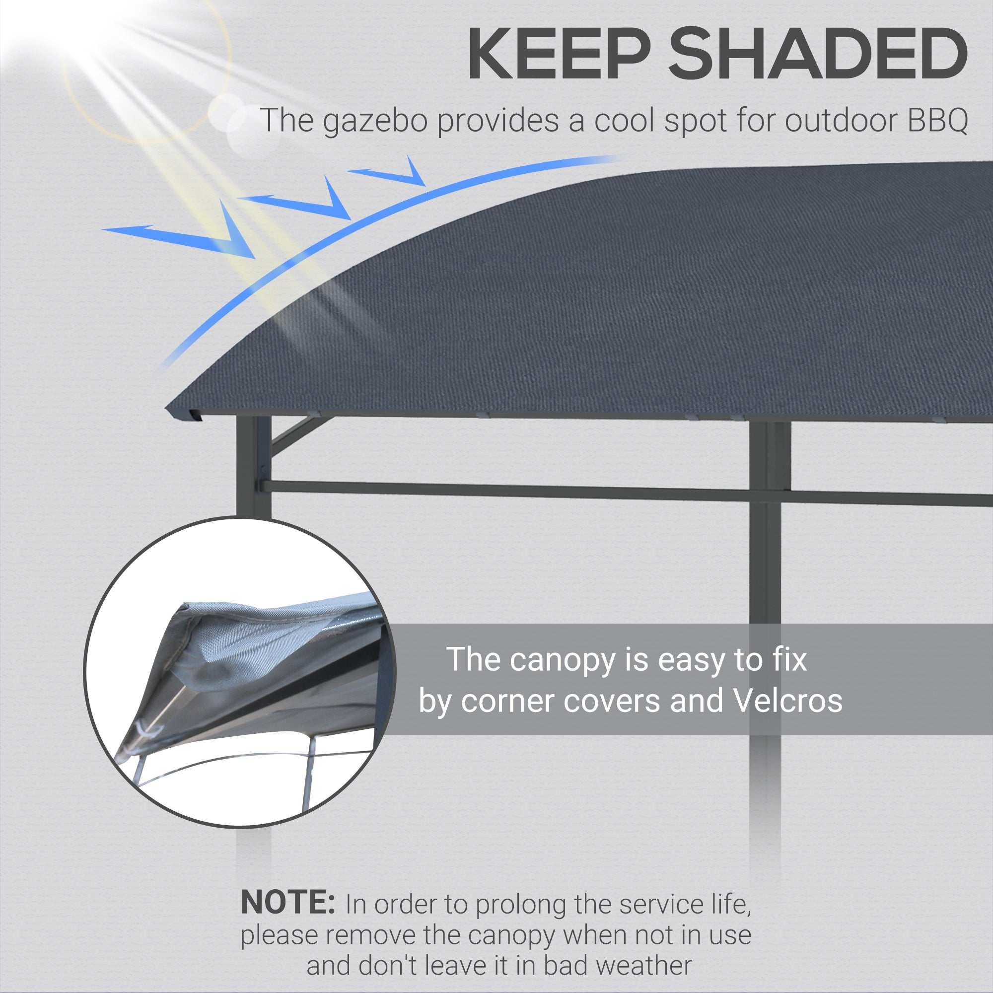 Outsunny 2.2 x 1.5 m BBQ Grill Gazebo Tent, Garden Grill with Metal Frame, Curved Canopy and 10 Hooks, Outdoor Sun Shade, Dark Grey - North Peak Garden Furniture
