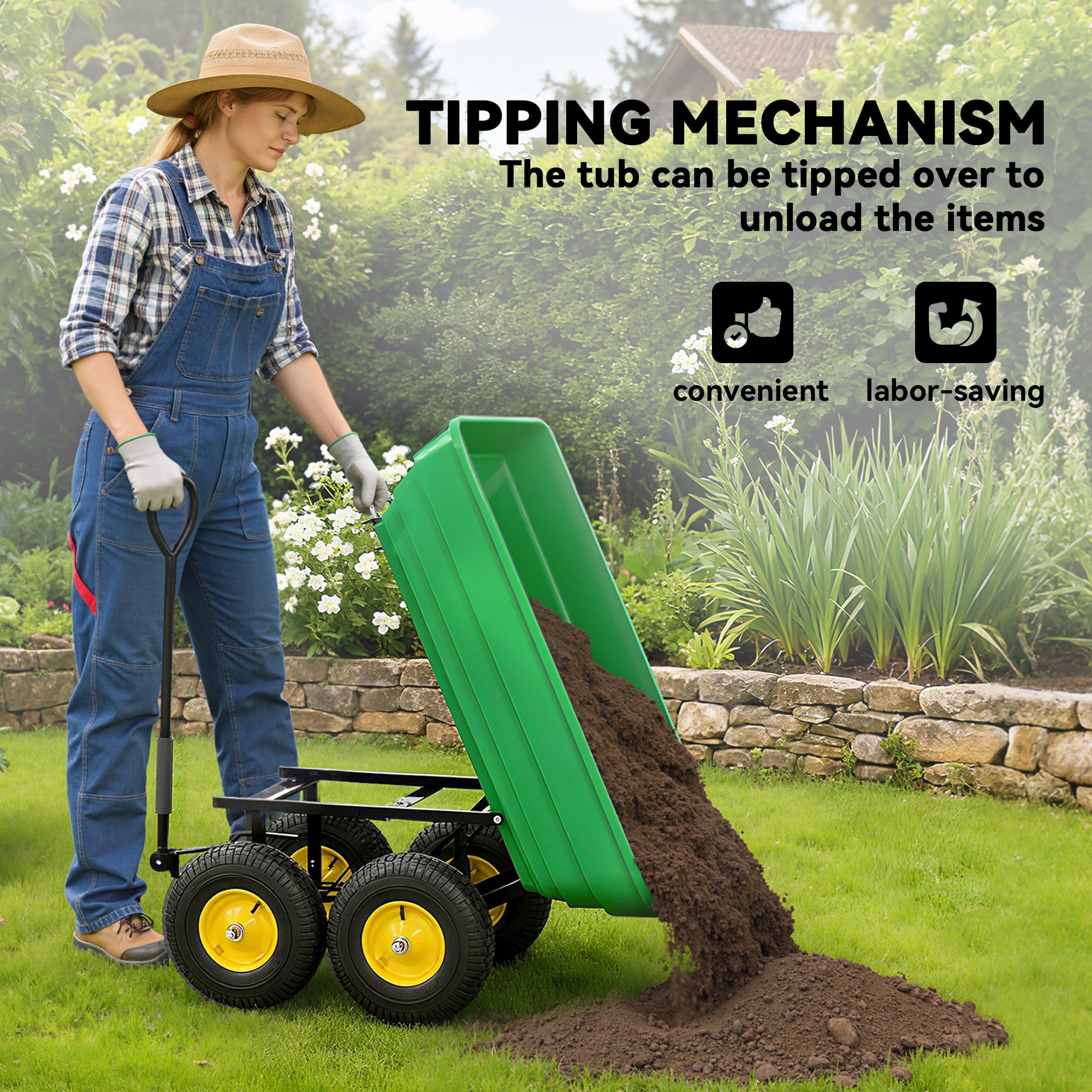 Outsunny 75 Litre Large Garden Cart Heavy Duty 4 Wheel Trolley Dump Wheelbarrow Tipping Truck Trailer - Green