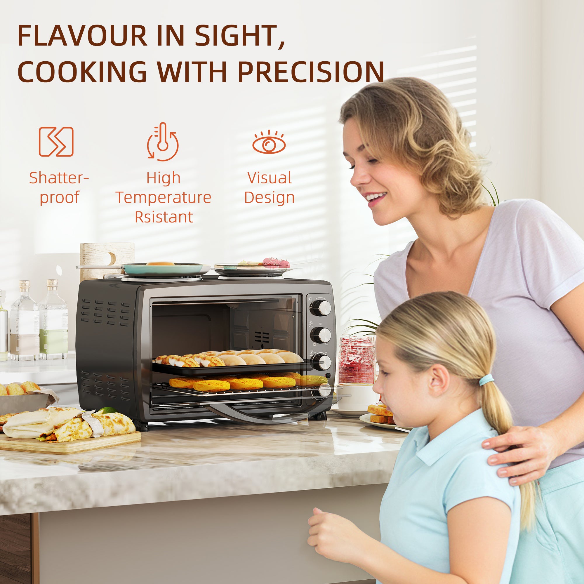 HOMCOM 36L Small Oven with 2 Hot Plates, Countertop Toaster Oven, Grill, Roast, Bake, Boil, with Timer, Adjustable Temperature, Electric Oven with Baking Tray, Grill Rack, Crumb Tray, 2600W, Black - North Peak Garden Furniture