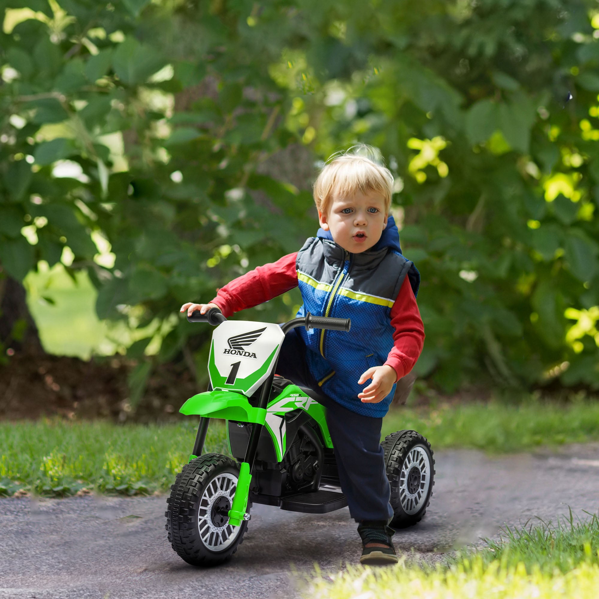 HOMCOM 6V Kids Motorbike, Three-Wheel Kids Electric Bike with Horn, Startup Sound for Ages 18-36 Months - Green - North Peak Garden Furniture