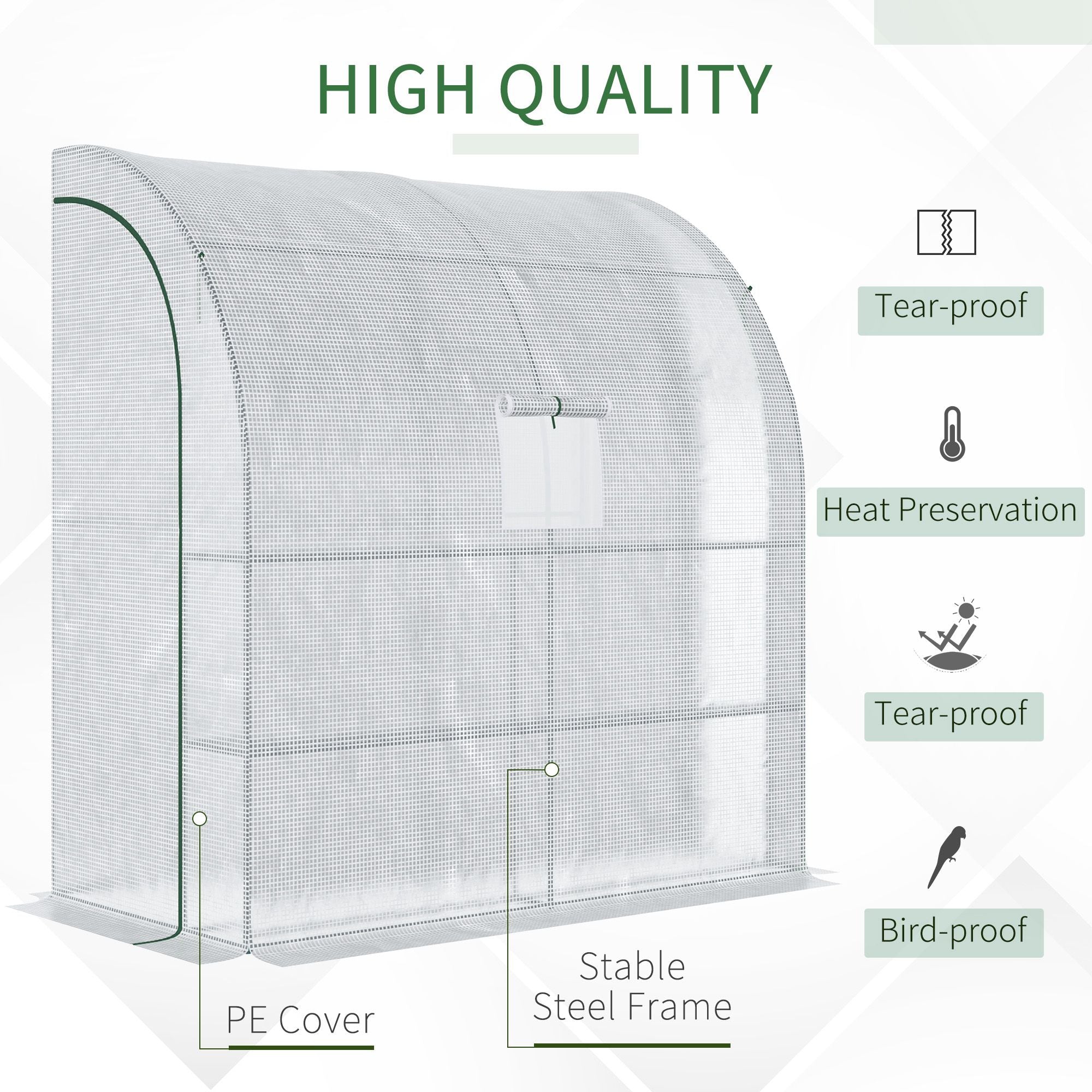 Outsunny Walk-In Lean to Wall Greenhouse with Windows and Doors 2 Tiers 4 Wired Shelves 200L x 100W x 215Hcm White