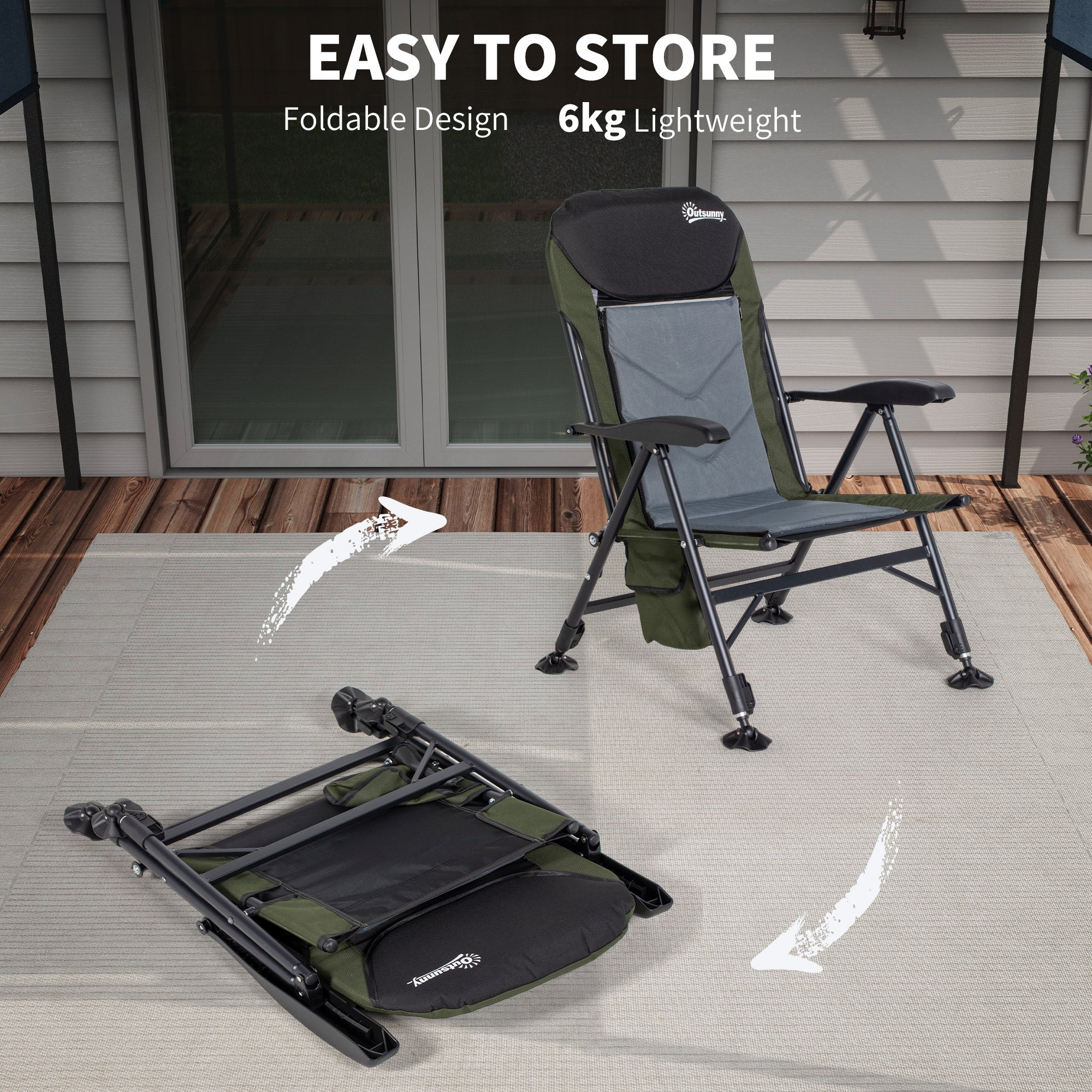Outsunny Foldable Metal Frame Fishing Chair, with Adjustable Legs - Green/Black - North Peak Garden Furniture