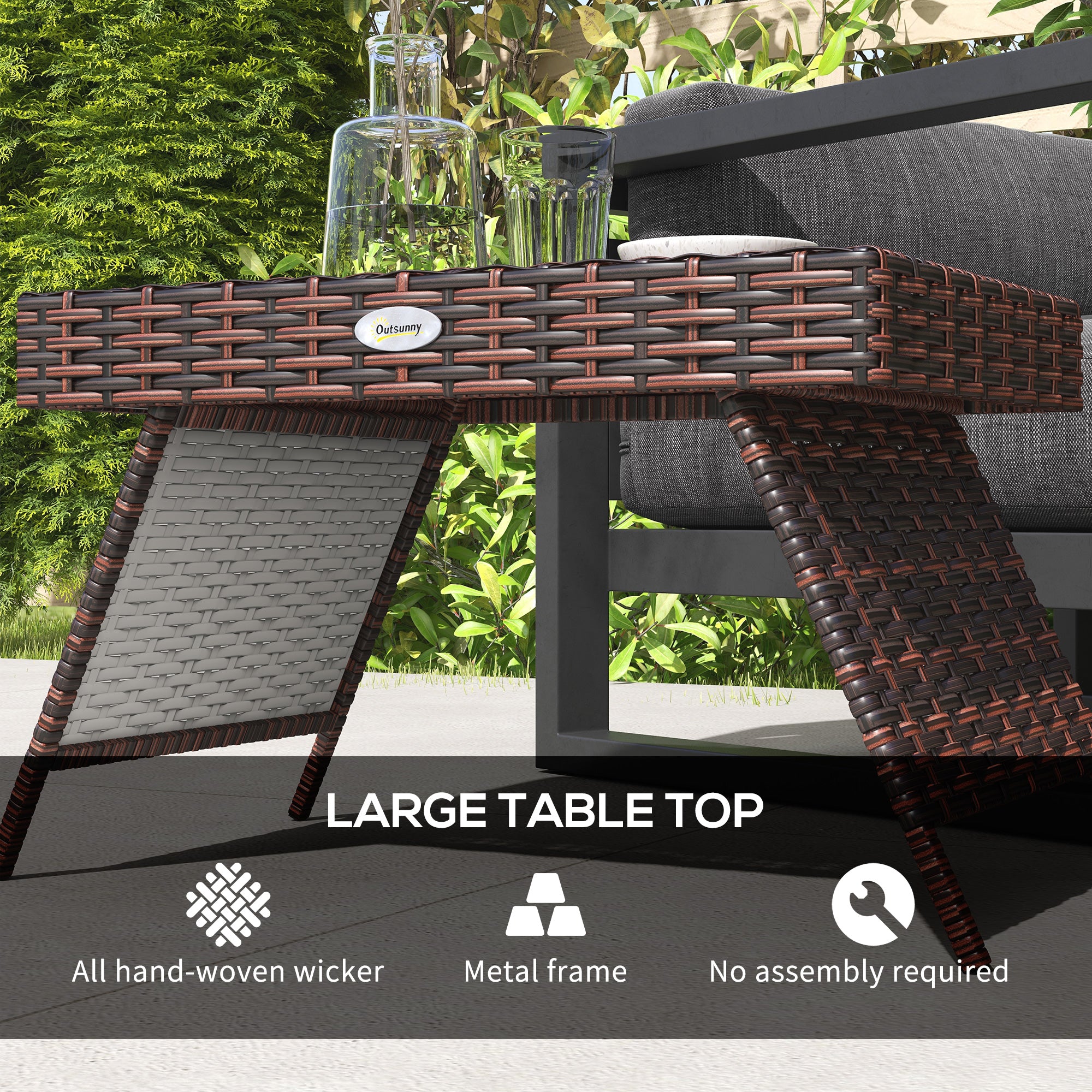 Outsunny Foldable Outdoor Side Table, Rattan Garden Coffee Table with Steel Frame, Space Saving Bistro Garden Furniture for Patio, Balcony, 60 x 41 x 41 cm, Brown - North Peak Garden Furniture