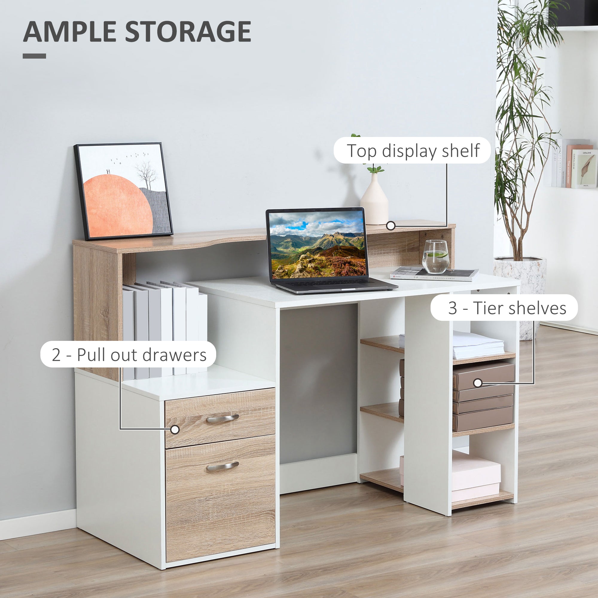 HOMCOM Computer Desk with Drawers and Storage Shelves, Reception Desk, Study Workstation for Home Office, 137 x 55 x 92cm, Oak and White - North Peak Garden Furniture