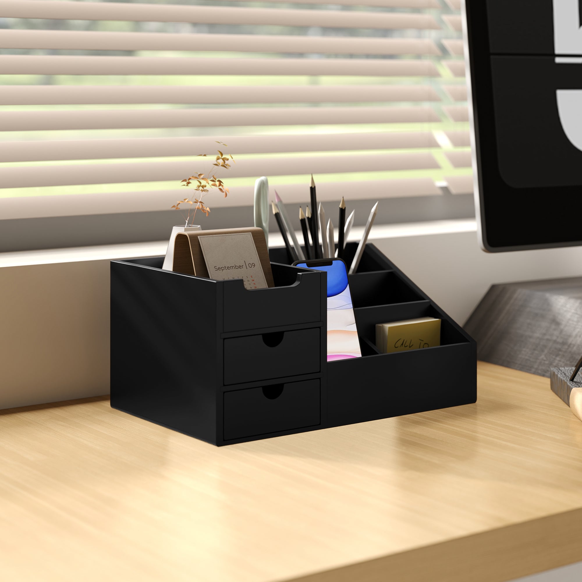 HOMCOM Desk Organiser Holder, Bamboo Multi-Function Storage Caddy with 7 Storage Compartments and 2 Drawers for Home Office Stationary Supplies, Black - North Peak Garden Furniture