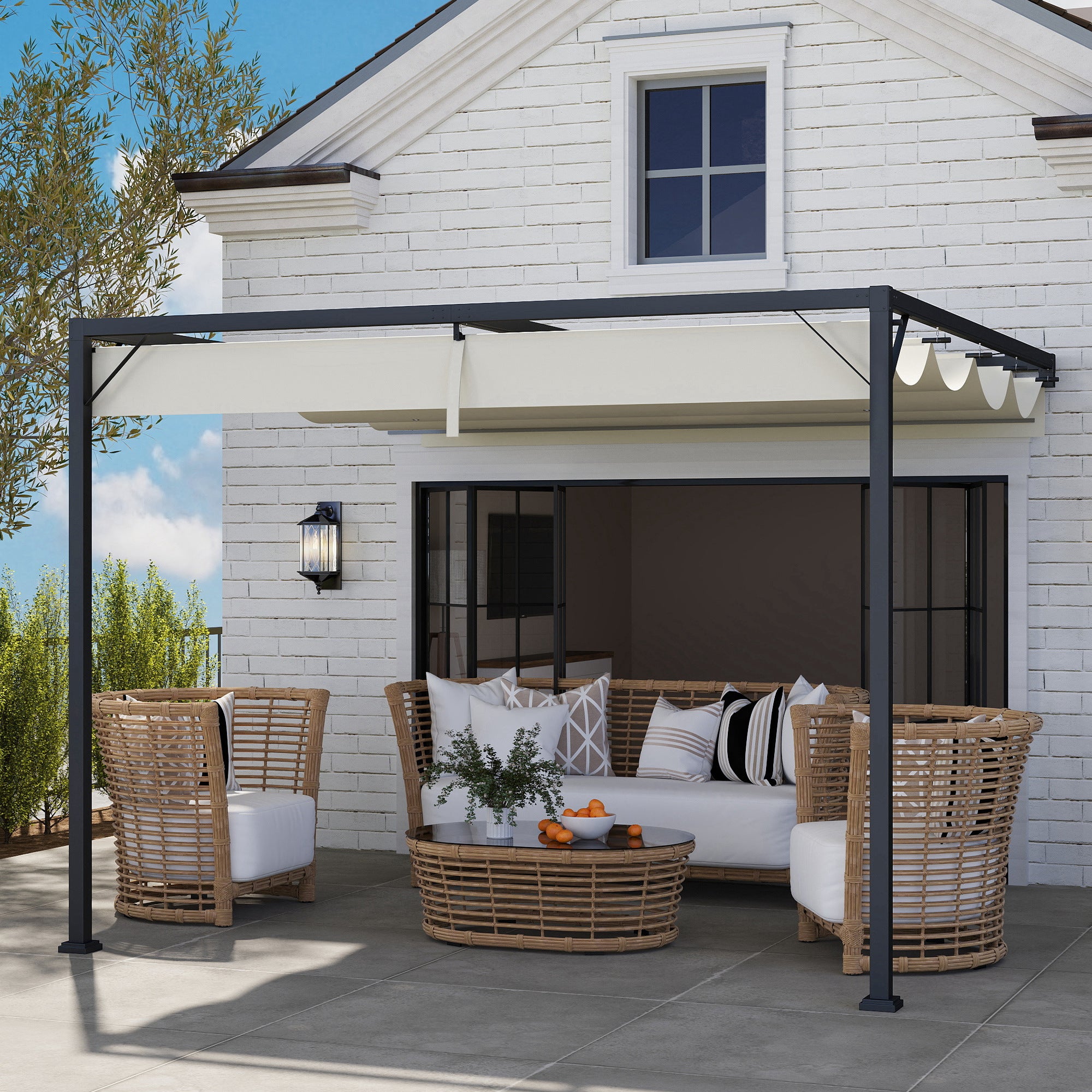 Outsunny 3 x 3(m) Outdoor Pergola with Retractable Canopy -Cream White - North Peak Garden Furniture