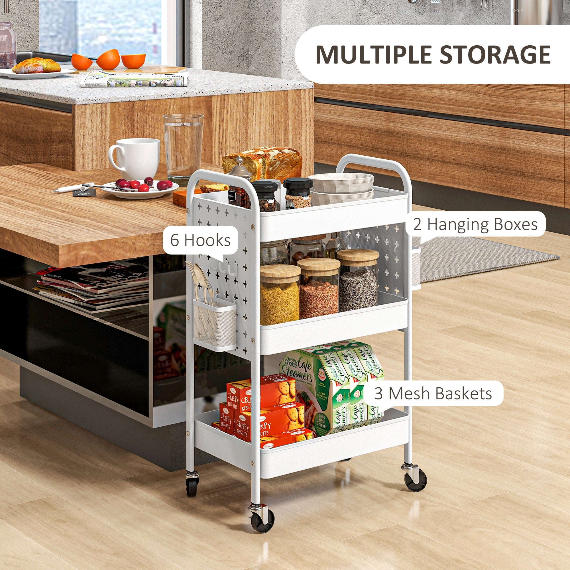 HOMCOM 3-tier Storage Trolley on Wheels, Rolling Utility Serving Cart with 3 Mesh Baskets, 2 Hanging Boxes and 6 Hooks for Living Room, Kitchen, White - North Peak Garden Furniture