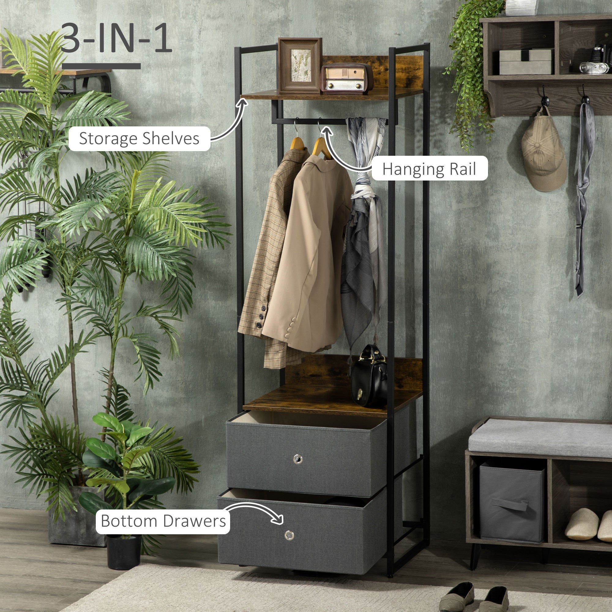 HOMCOM Clothes Rail, Metal Coat Stand, Garment Rack with 2 Fabric Storage Drawers, Single Wardrobe for Bedroom, Hallway, Rustic Brown and Grey - North Peak Garden Furniture