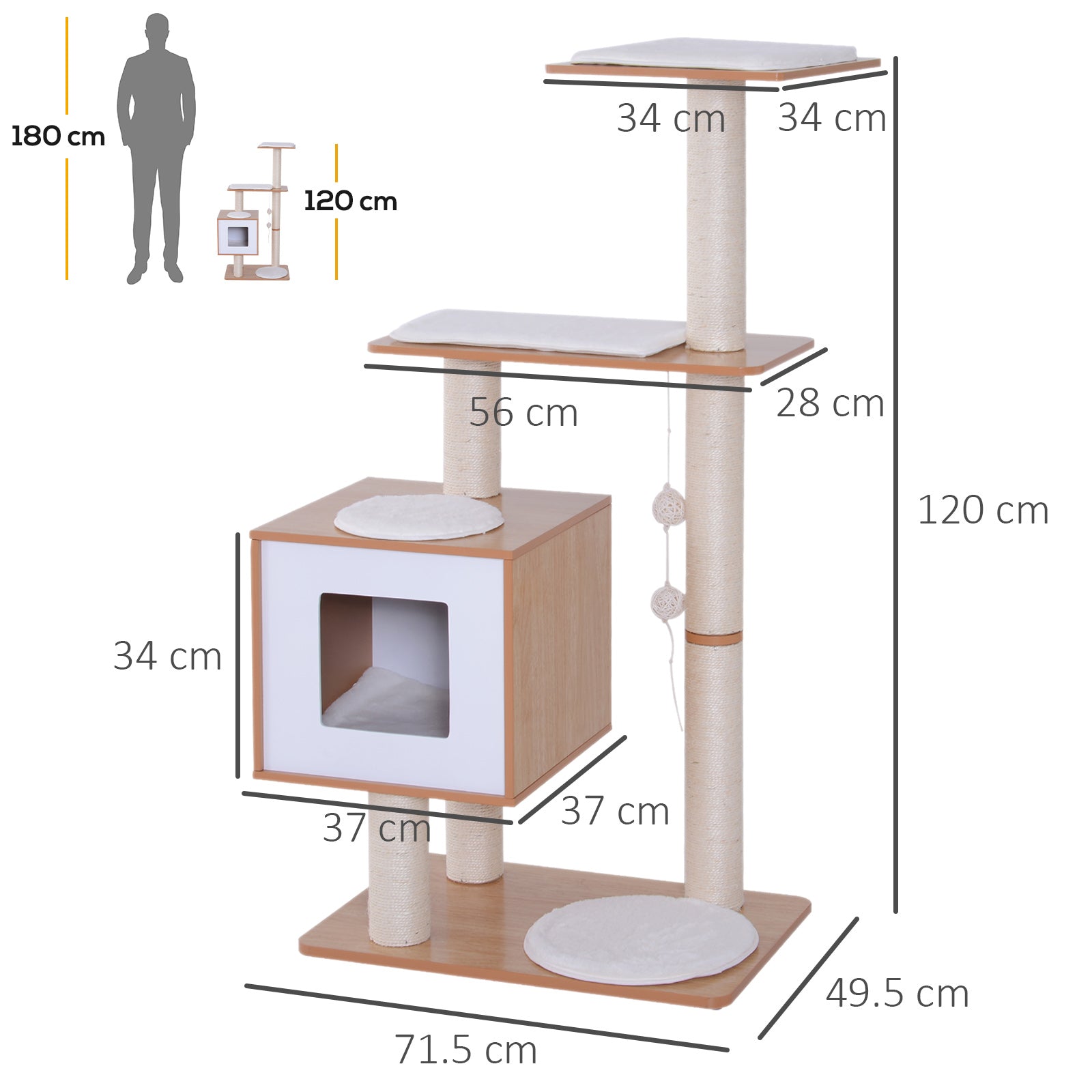 PawHut Wooden Cat Tree with Scratching Post, Multi-level Kitten House Condo, Activity Centre with Cushion and Hanging Toy