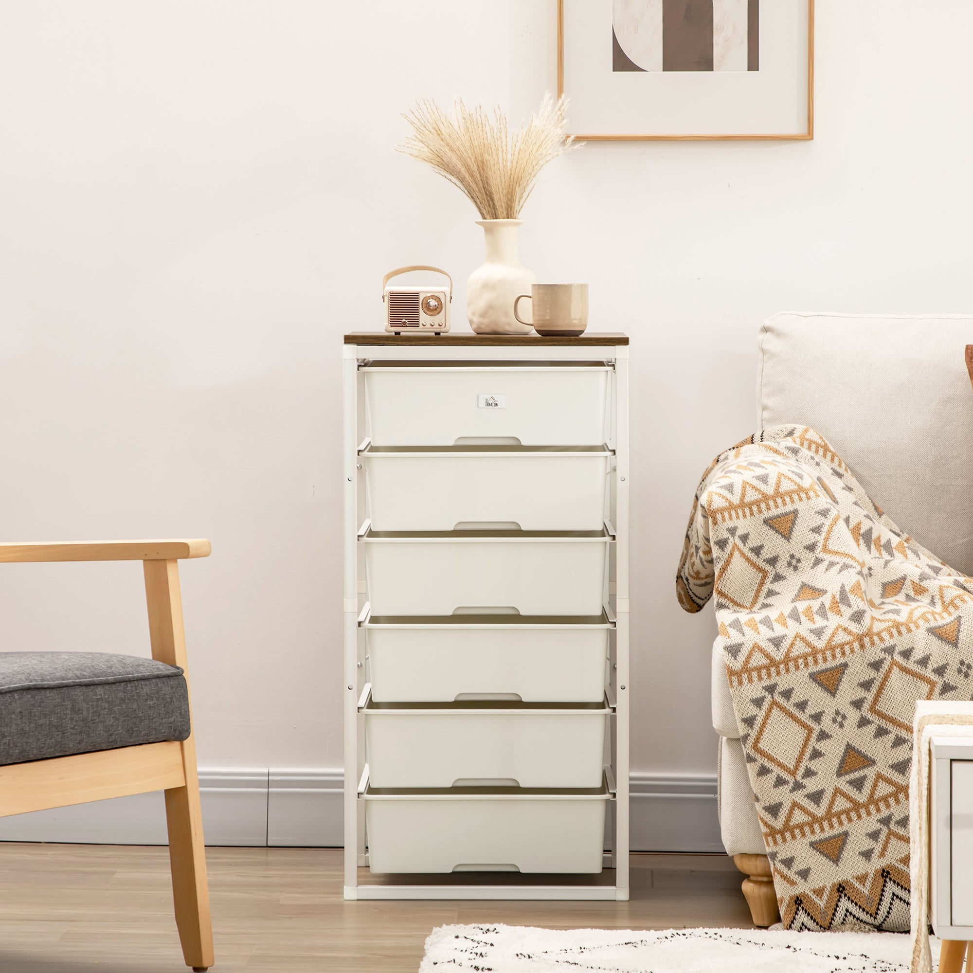 HOMCOM Bedroom Chest of Drawers, 6-Drawer Dresser, Tall Storage Drawer Unit with Steel Frame for Living Room, White - North Peak Garden Furniture