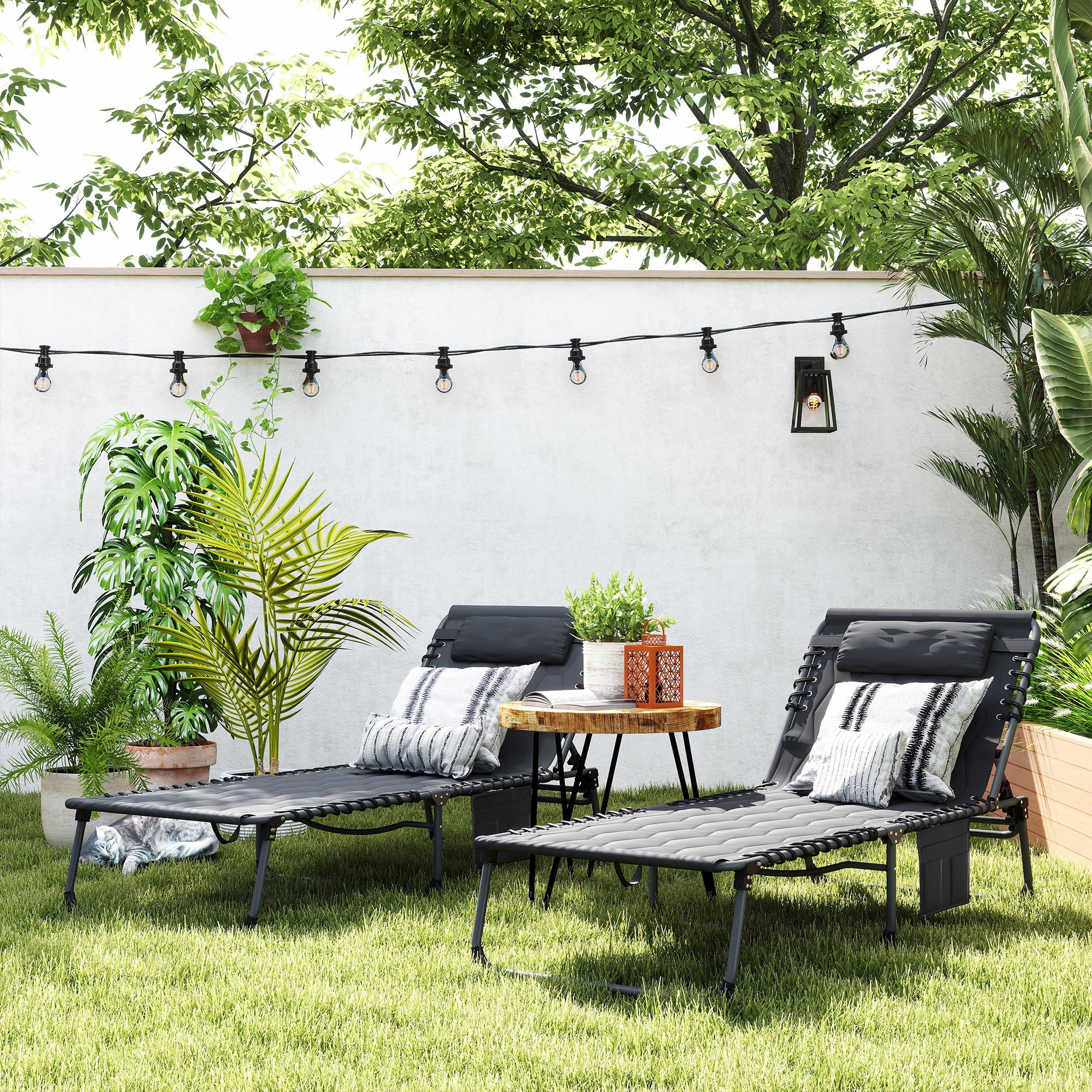 Outsunny Set of Two Sun Loungers, with Five-Position Reclining Backs - Black - North Peak Garden Furniture