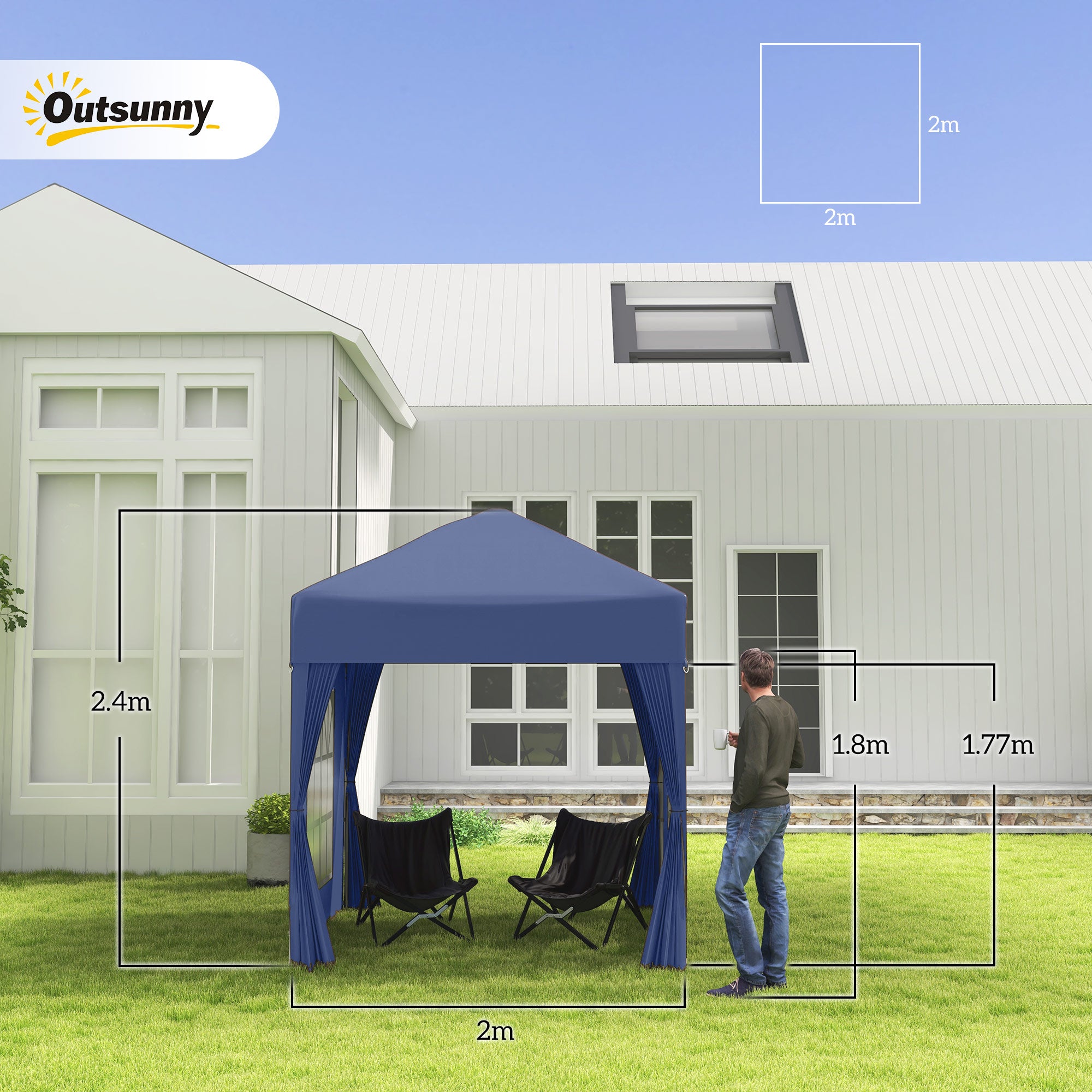 Outsunny 2 x 2 m Garden Pop Up Gazebo, Wedding Party Tent Marquee, Water Resistant Awning Canopy with Sidewalls, Windows, Carry Bag, Blue - North Peak Garden Furniture