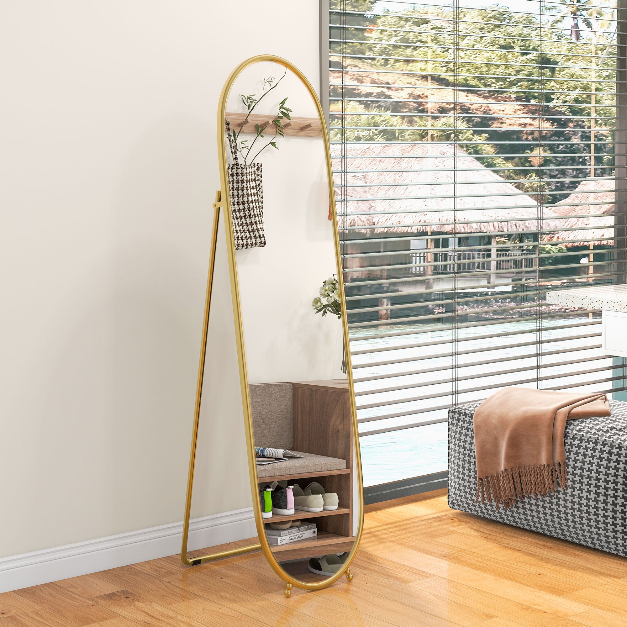 HOMCOM Three-Way Curved Full Length Mirror - Gold Tone - North Peak Garden Furniture