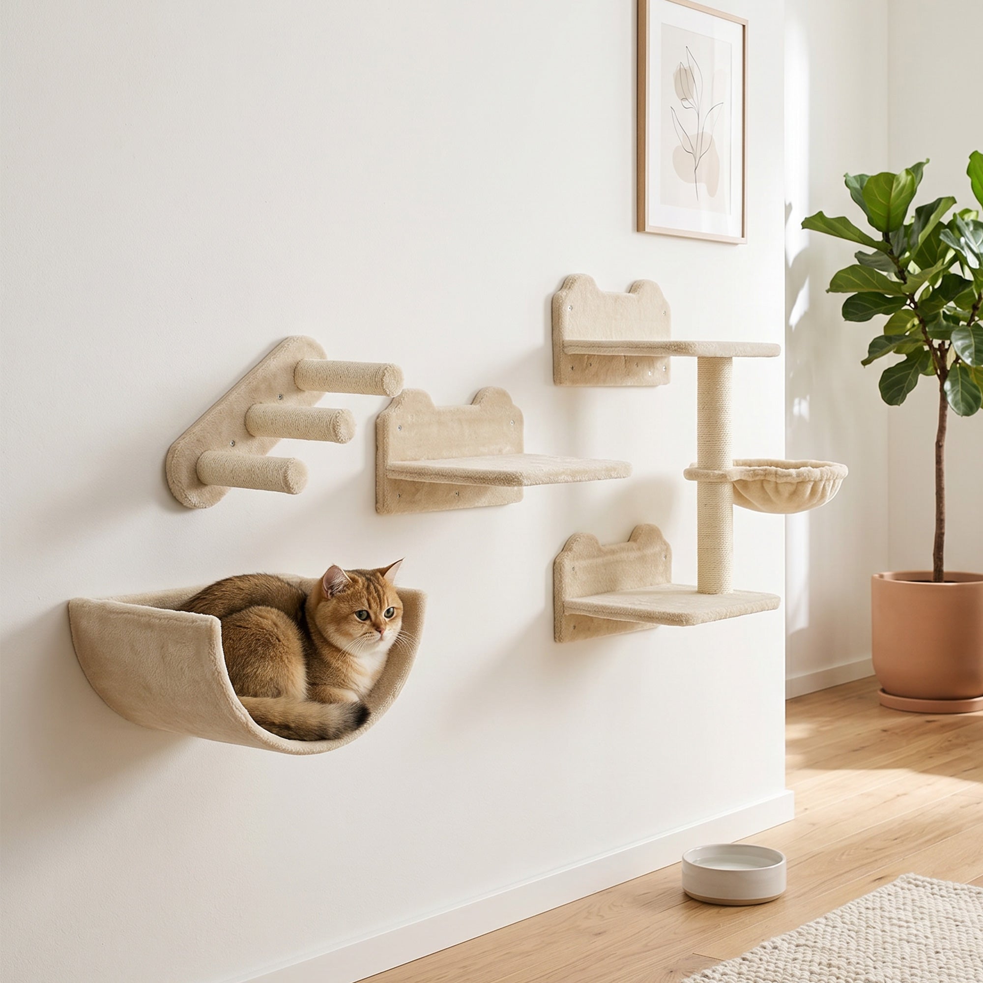 PawHut 4PCs Wall-Mounted Cat Shelves w/ Scratching Post, Hammock, Nest - Beige