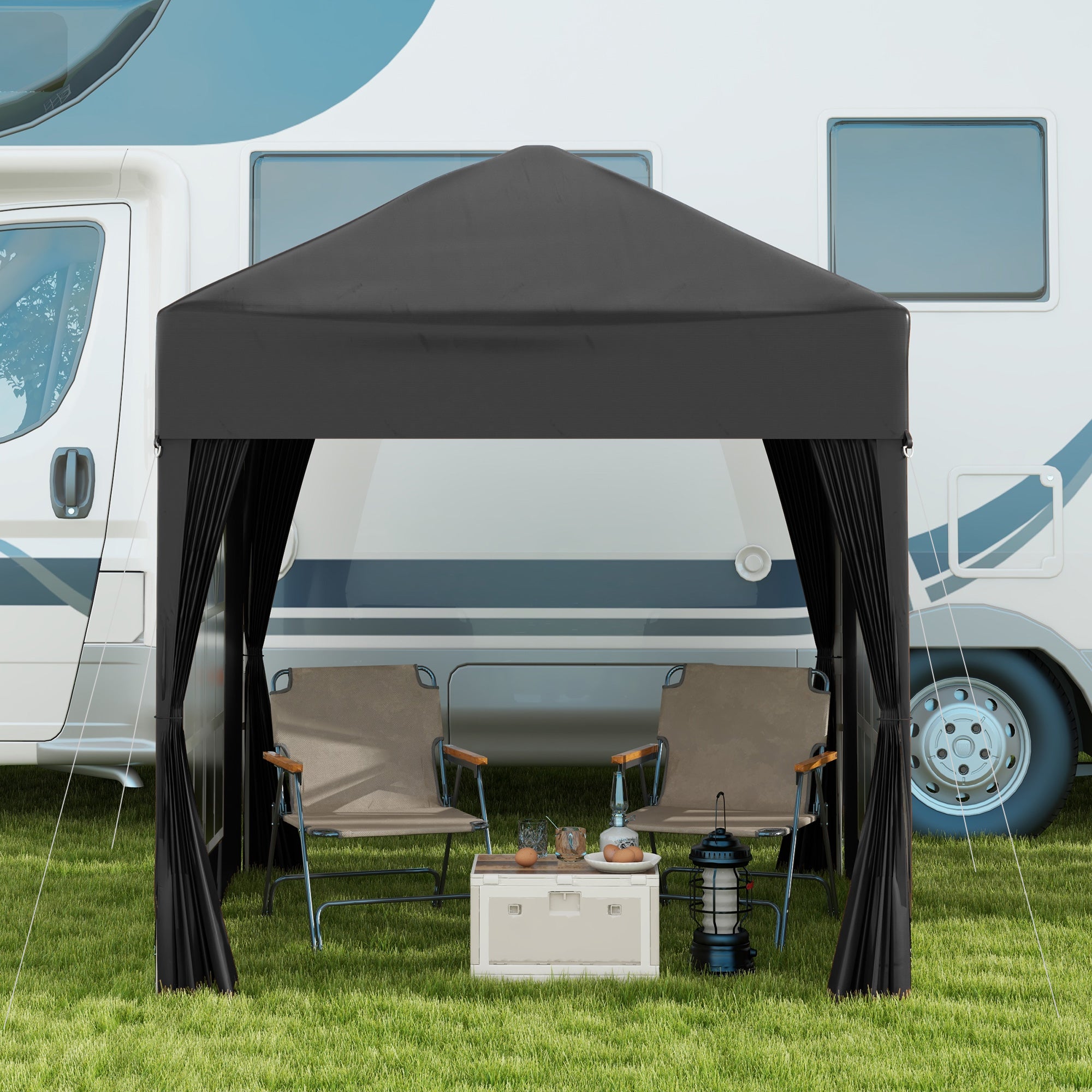 Outsunny 2 x 2 m Garden Pop Up Gazebo, Wedding Party Tent Marquee, Water Resistant Awning Canopy with Sidewalls, Windows, Carry Bag, Black - North Peak Garden Furniture