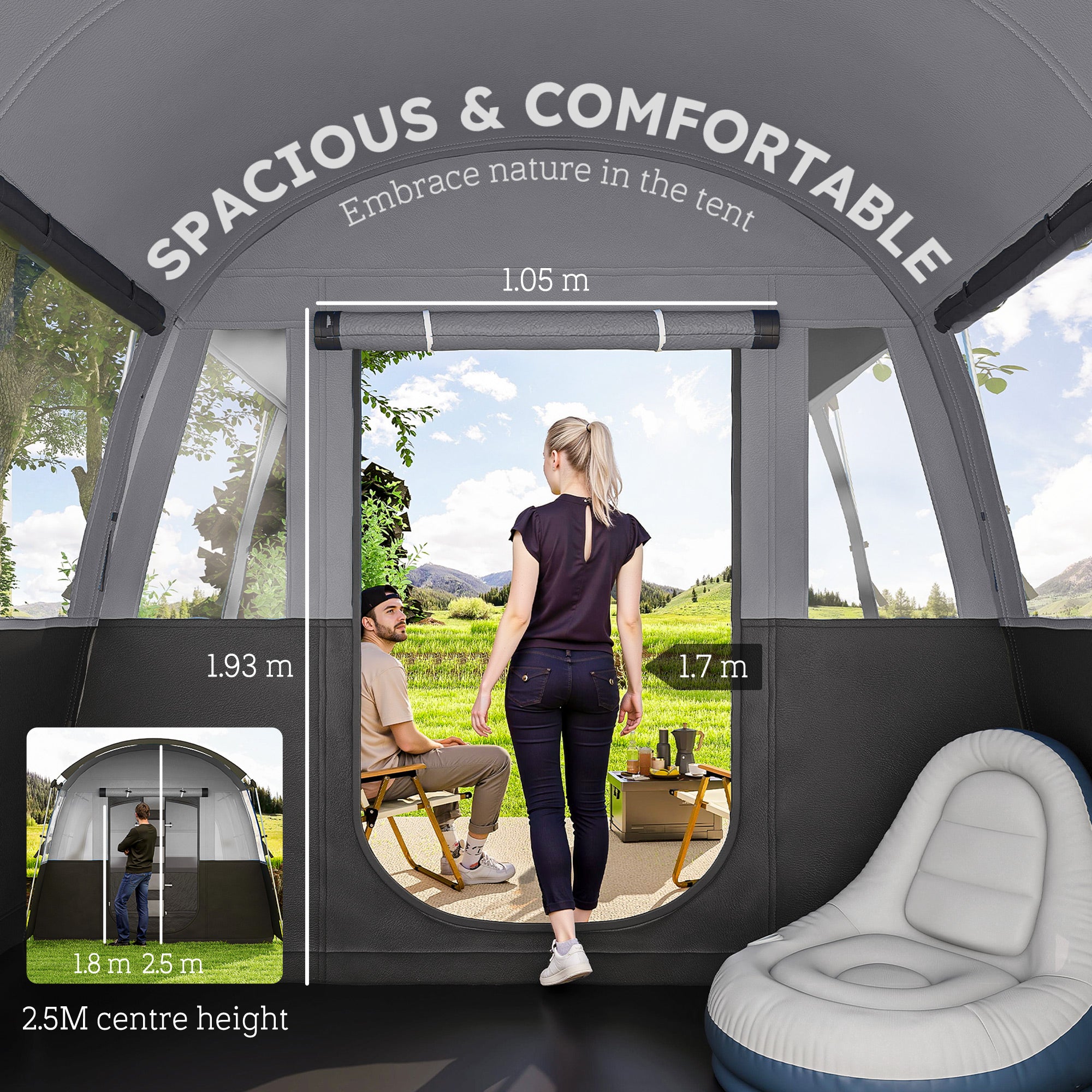 Outsunny 8-Person Camping Tent, Waterproof Family Tent, Tunnel Design, 4 Large Windows, Sleeping Cabins 3000mm Water Column Grey - North Peak Garden Furniture