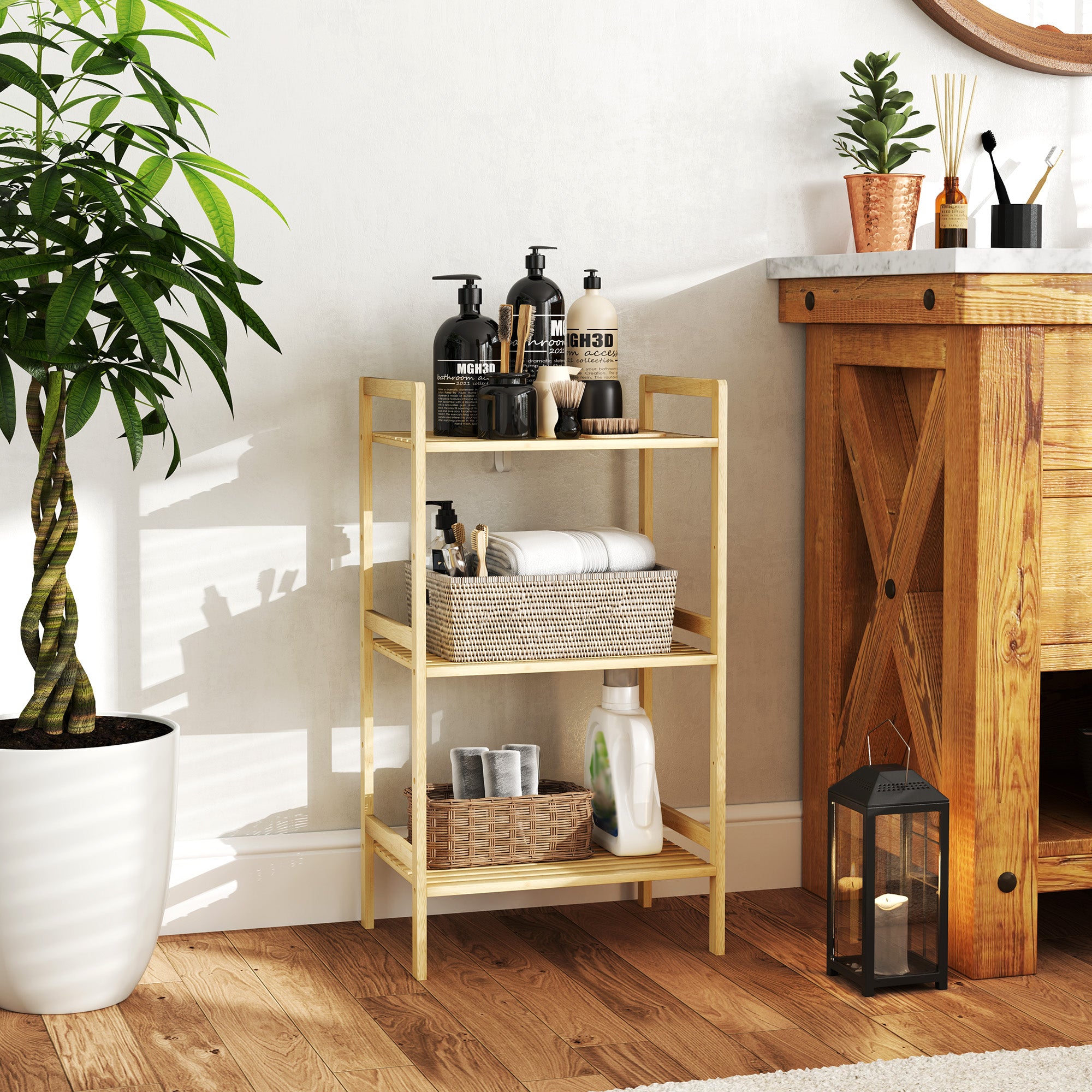 HOMCOM Three-Tier Bamboo Adjustable Shelf Storage Unit - North Peak Garden Furniture