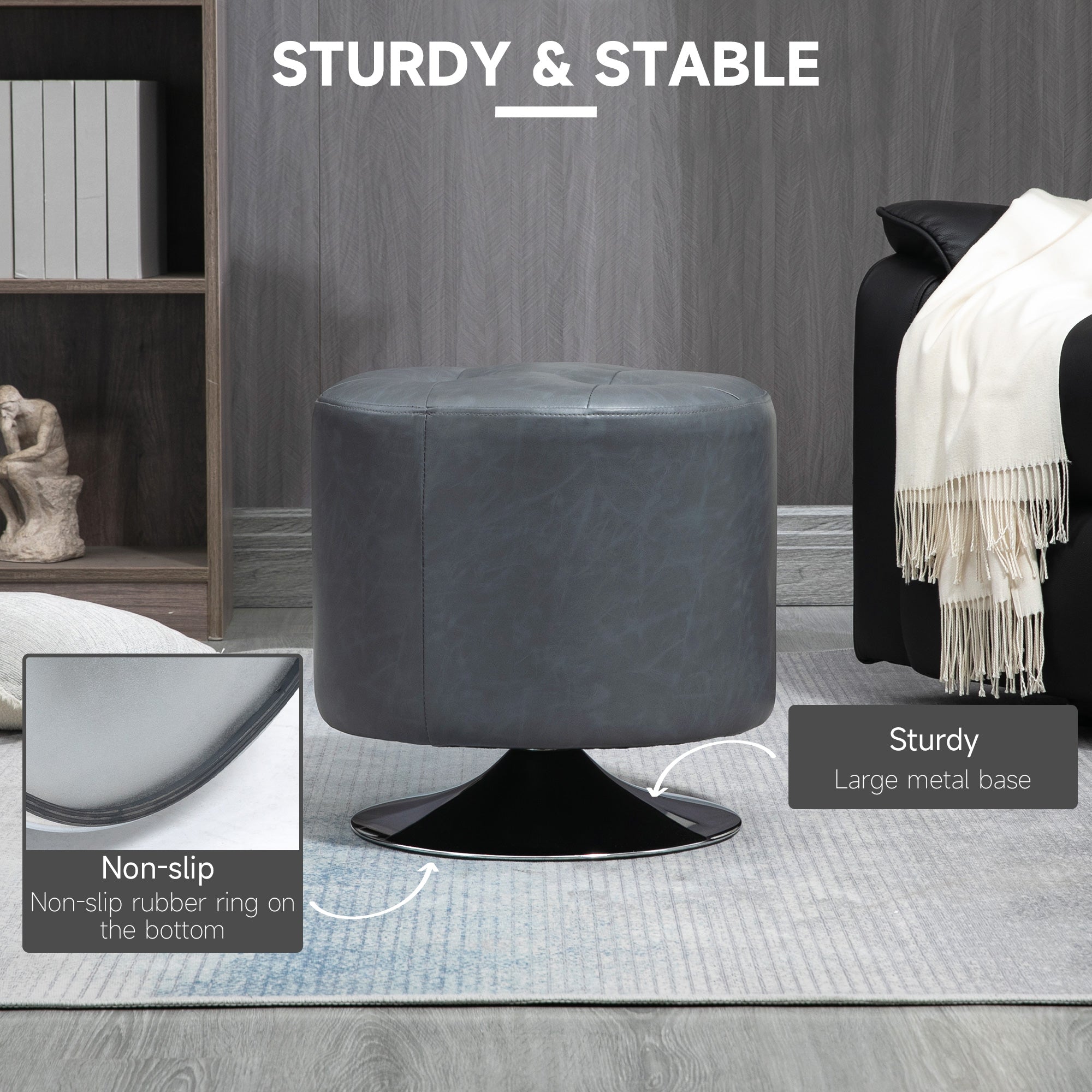 HOMCOM 360° Swivel Foot Stool Round PU Ottoman with Thick Sponge Padding and Solid Steel Base, Grey - North Peak Garden Furniture