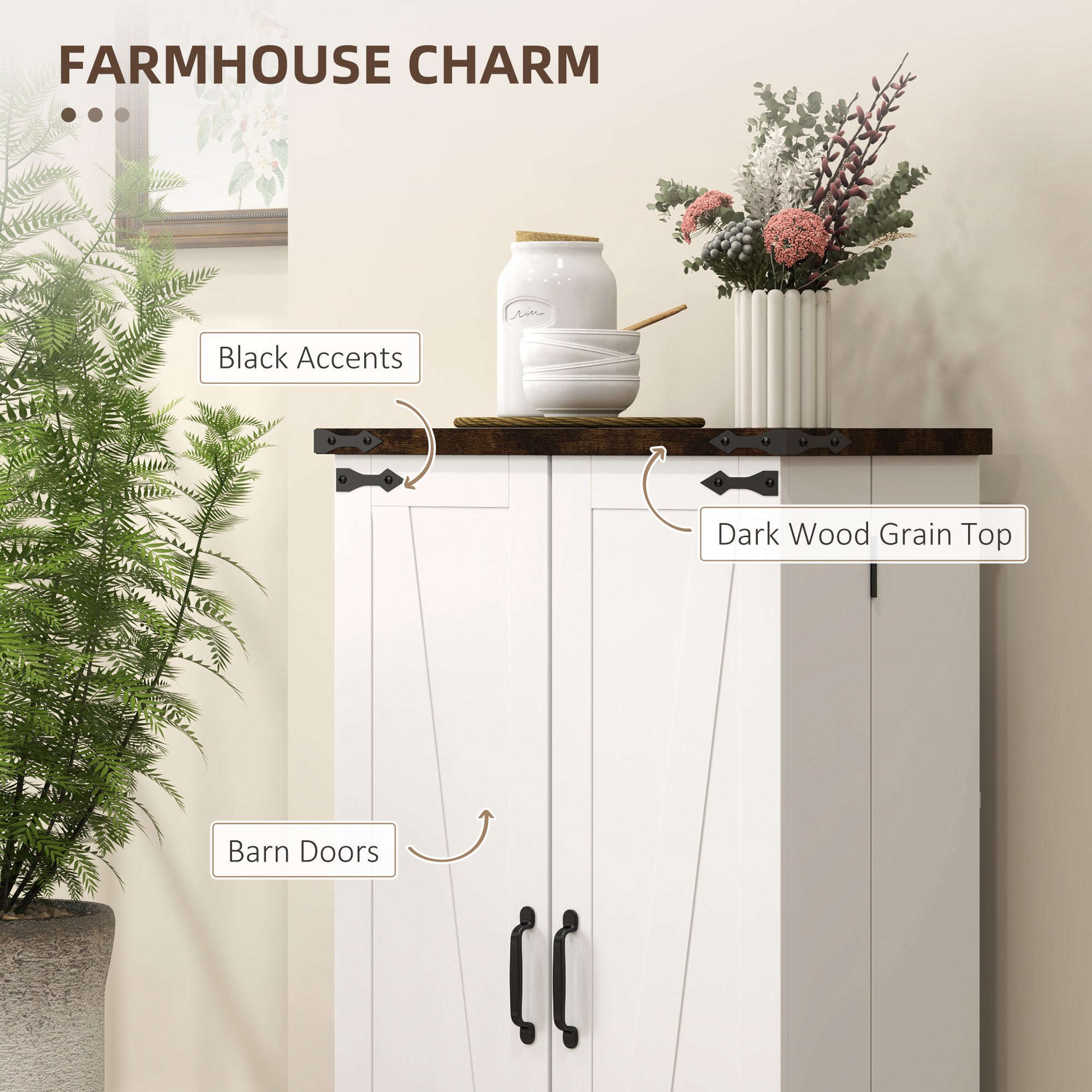 HOMCOM Multi-Storage Farmhouse Style Cabinet - White - North Peak Garden Furniture