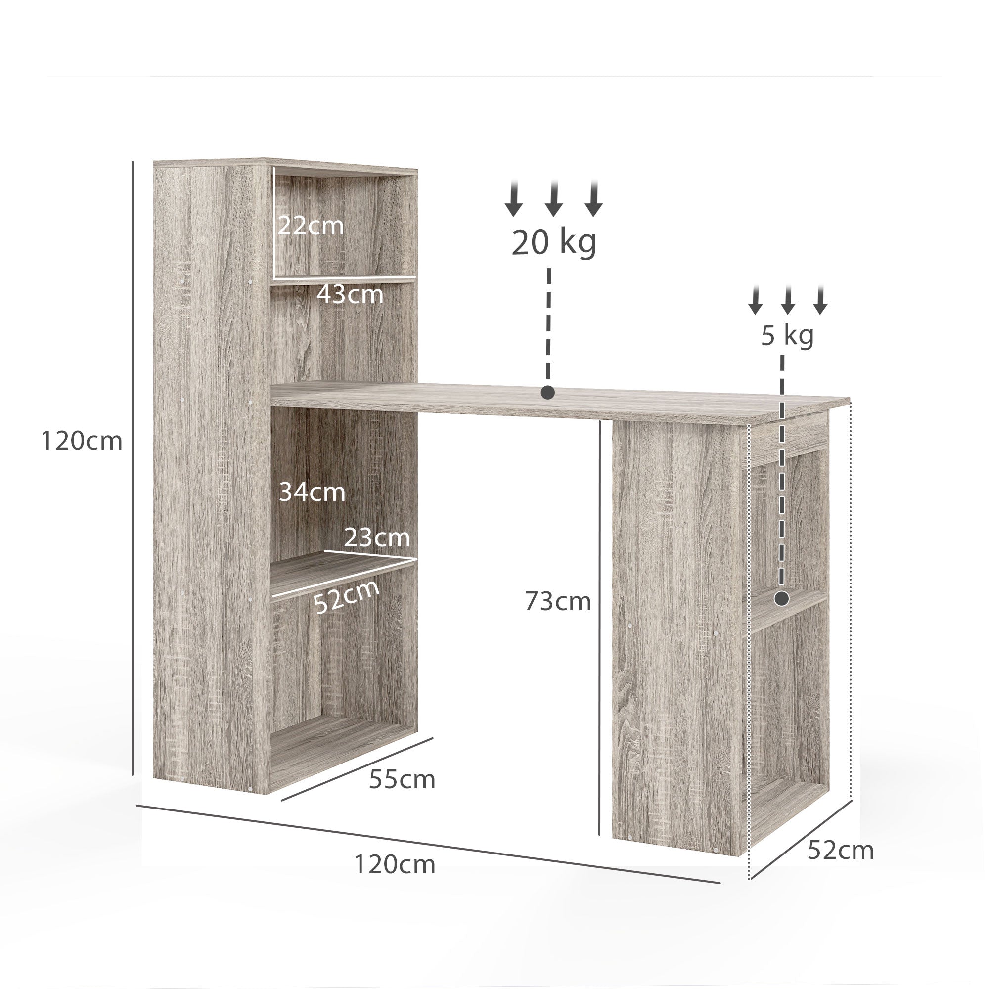 HOMCOM 120cm Modern Computer Desk Bookshelf Study Table Workstation PC Laptop Writing Home Office 6 Shelves, Grey Wood-Effect