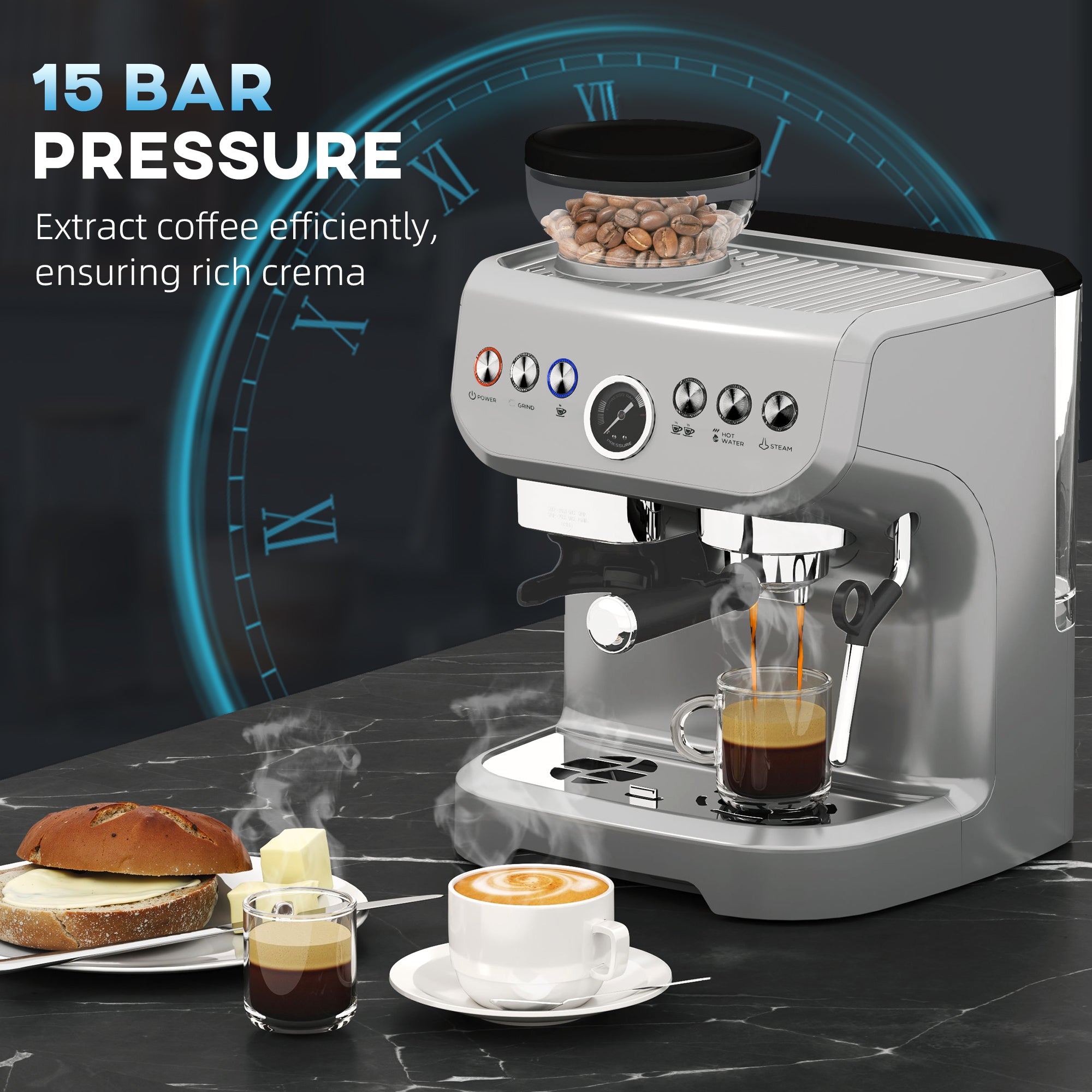 HOMCOM 15 Bar Coffee Machine, with Adjustable Grind, Steamer and Accessories - Silver Colour