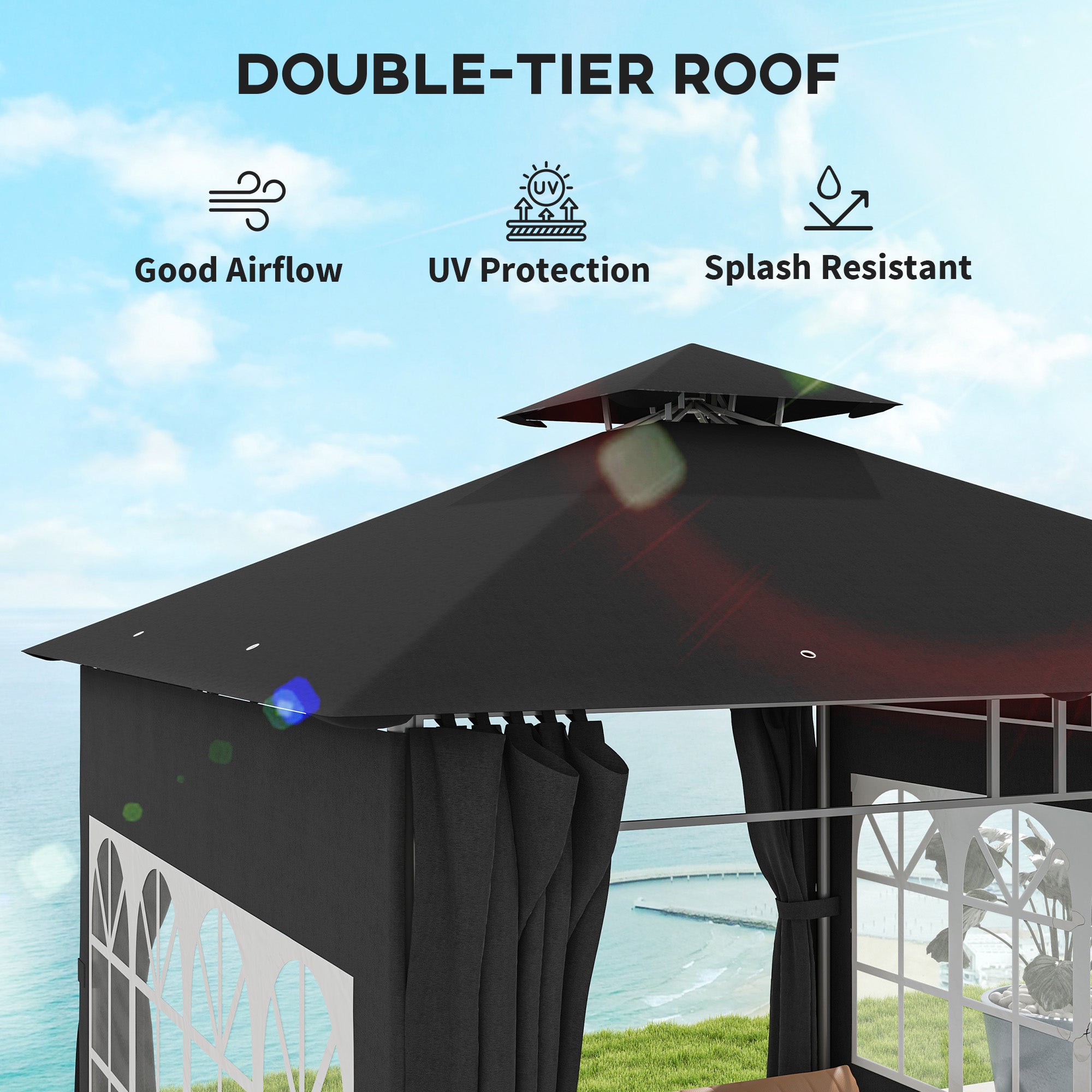 Outsunny 3 x 3 m Garden Gazebo, Double Roof Metal Gazebo with Removable Sidewalls and Church Windows, Outdoor Canopy Shelter, Black - North Peak Garden Furniture