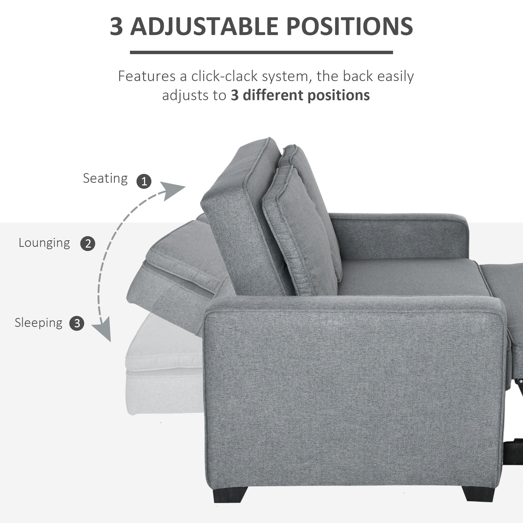HOMCOM Double Sofa Bed Click Clack Sofa Bed Pull Out Bed with Adjustable Backrest for Living Room and Bedroom Grey - North Peak Garden Furniture
