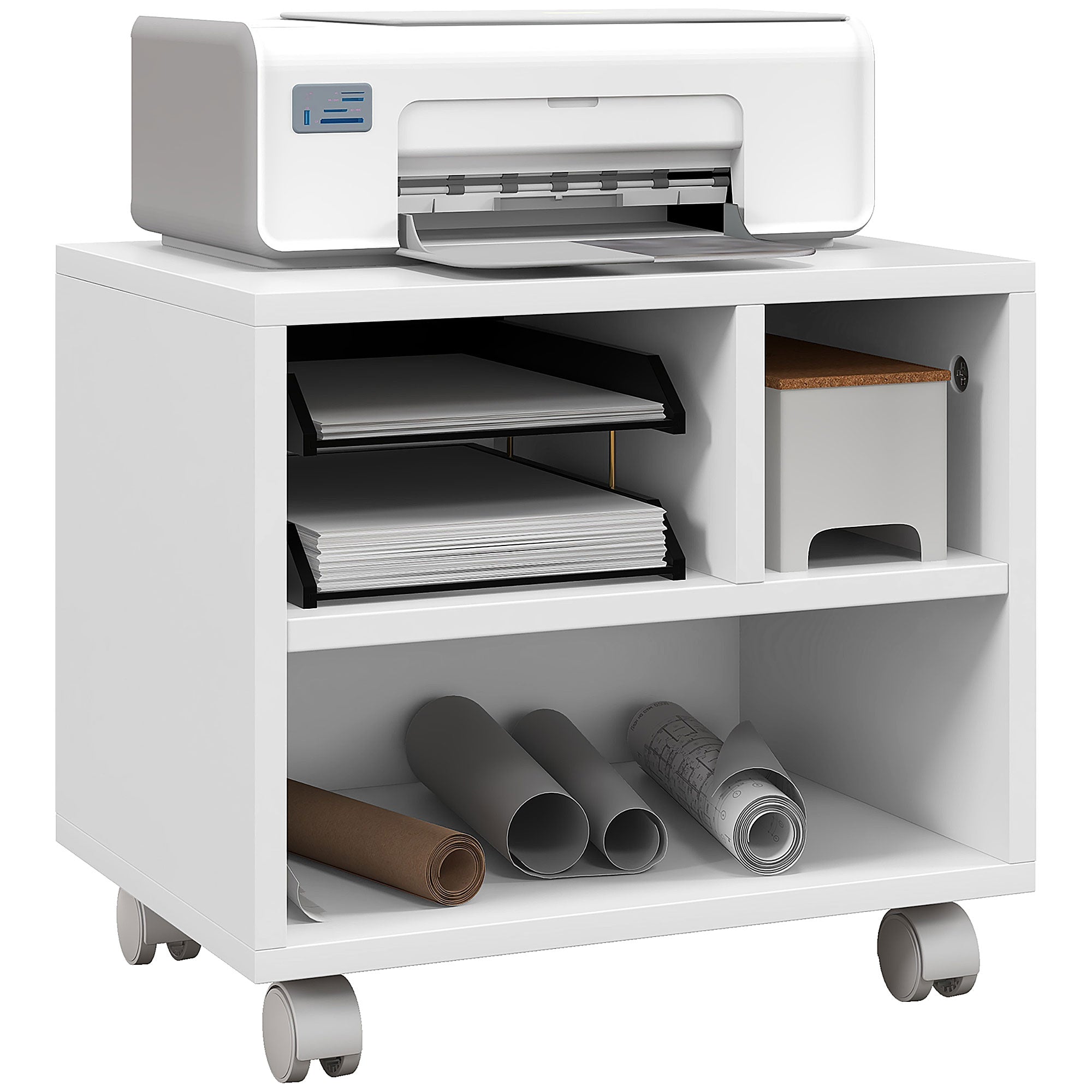 HOMCOM Three-Compartment Printer Cabinet, with Wheels - White - North Peak Garden Furniture