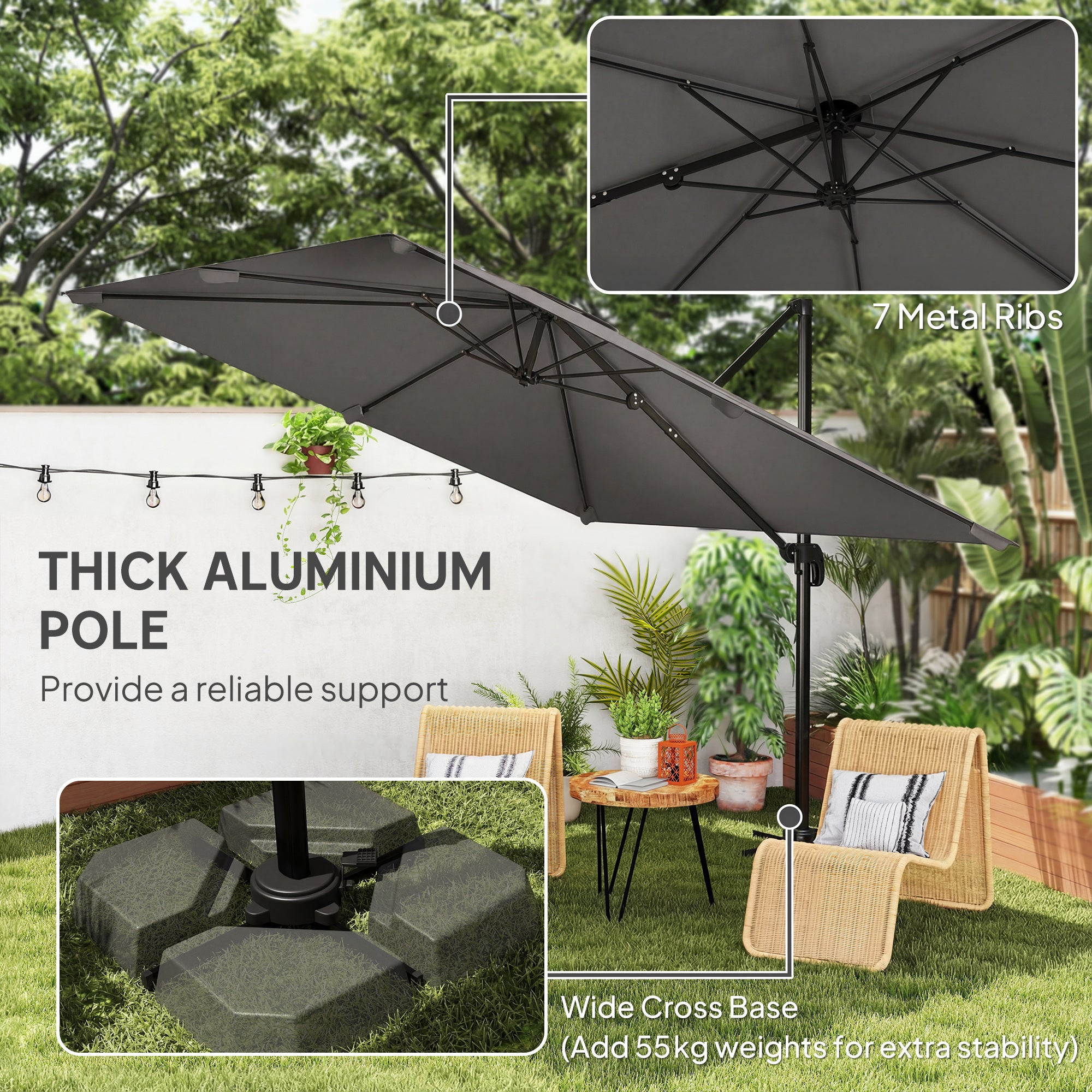Outsunny 3 x 3 m Cantilever Parasol, Square Patio Umbrella with Crank Handle, Cross Base, Tilt, 360° Rotation, Dark Grey