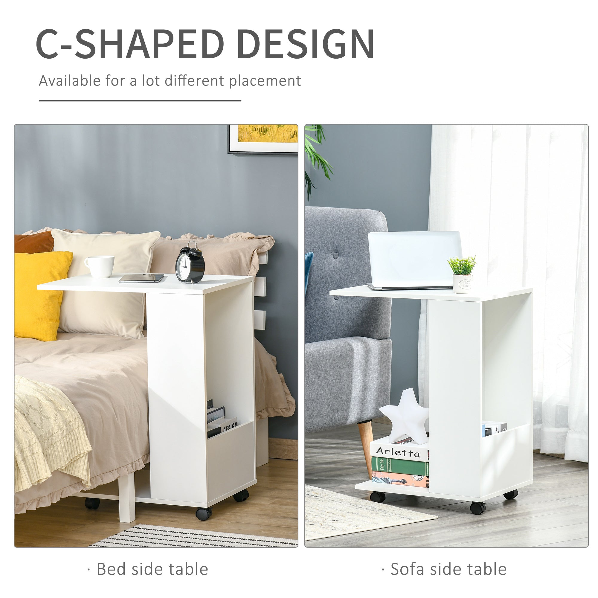 HOMCOM Mobile Sofa Side Table C-Shape End Table with Storage and Casters for Laptop Coffee Snack, White - North Peak Garden Furniture