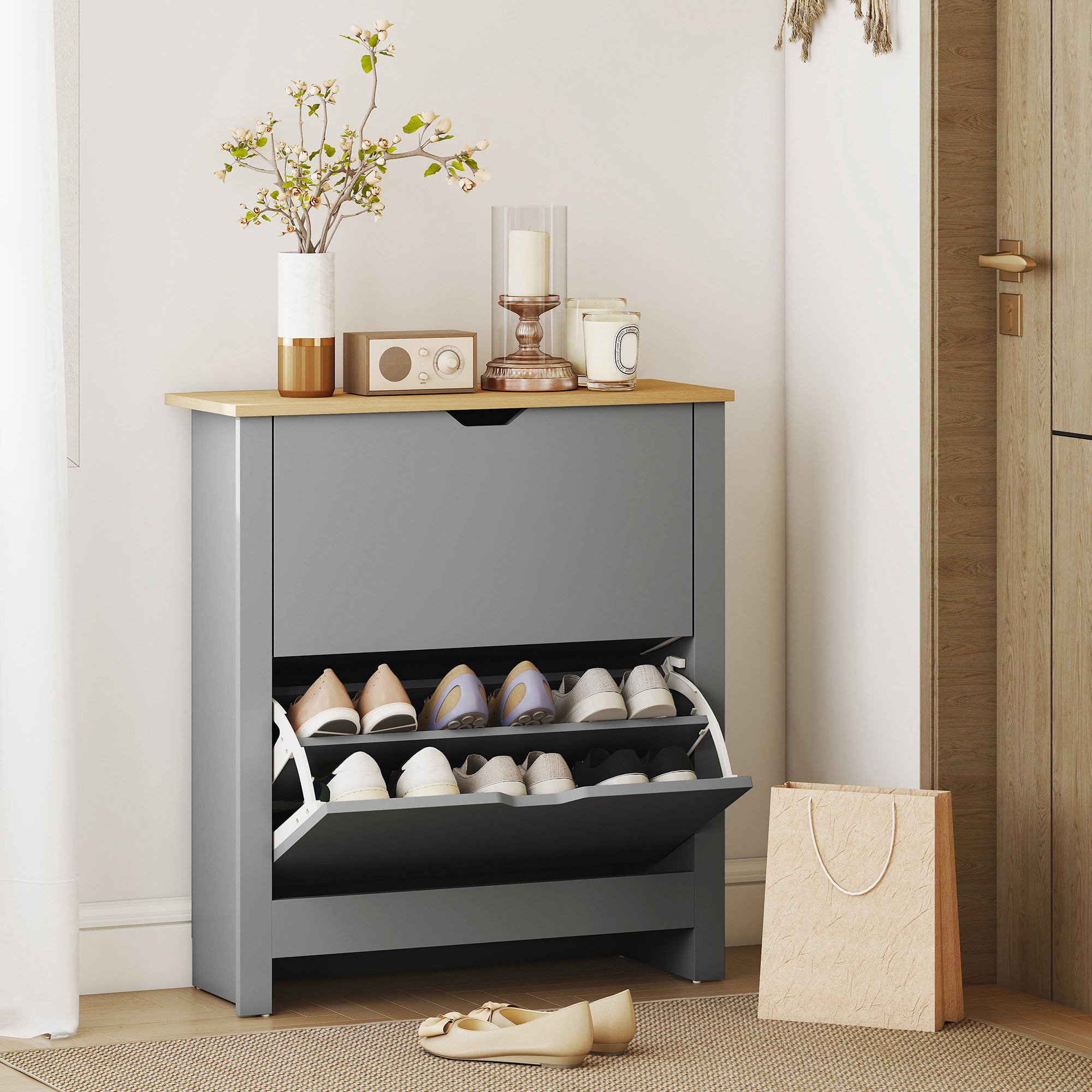 HOMCOM Slim Shoe Cabinet, Narrow Shoe Cupboard with 2 Flip Drawers, Adjustable Shelves for 12 Pairs of Shoes, Light Grey