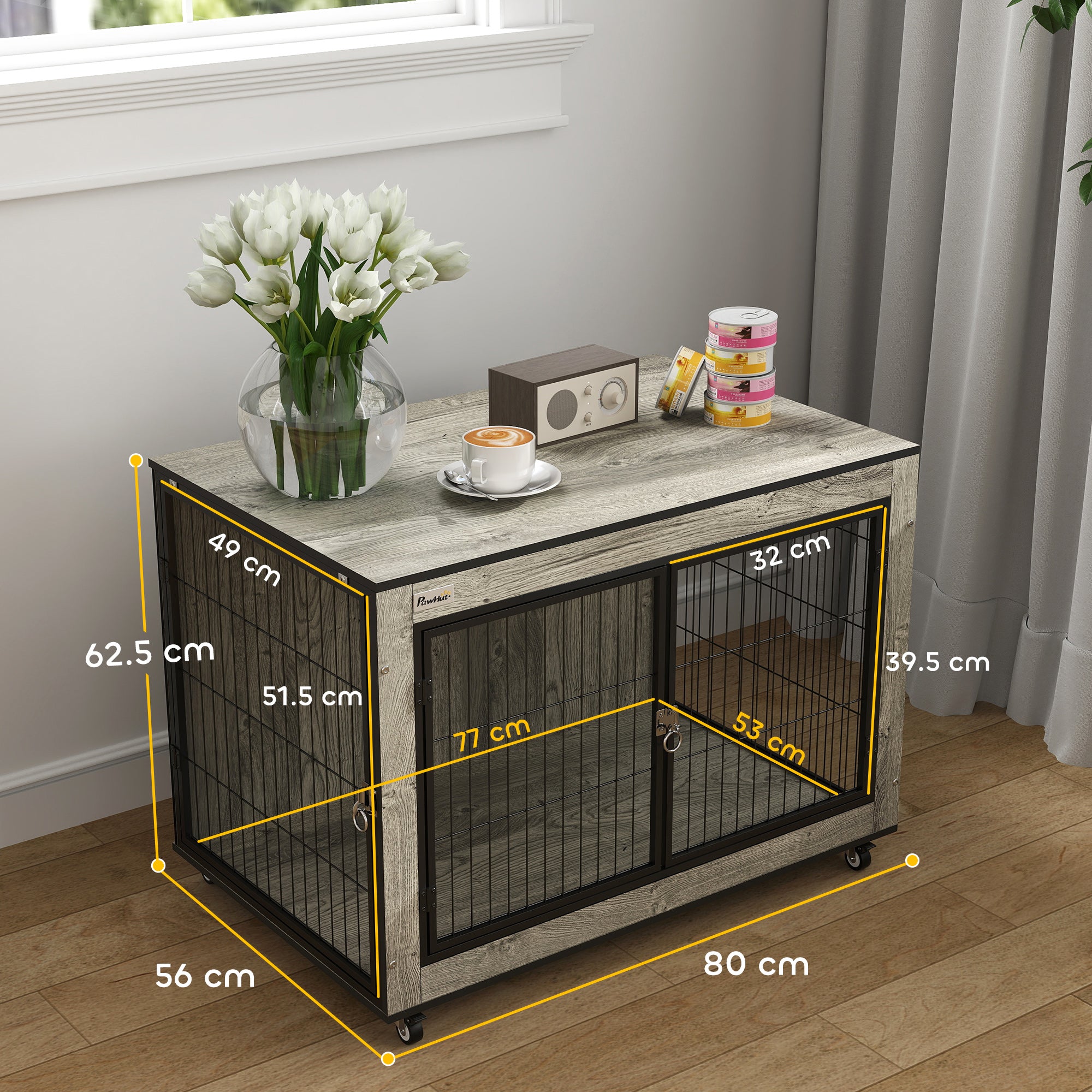 PawHut Dog Crate Furniture with Wheels, Double Doors, for Medium Dogs, 80 x 56 x 62.5cm, Grey