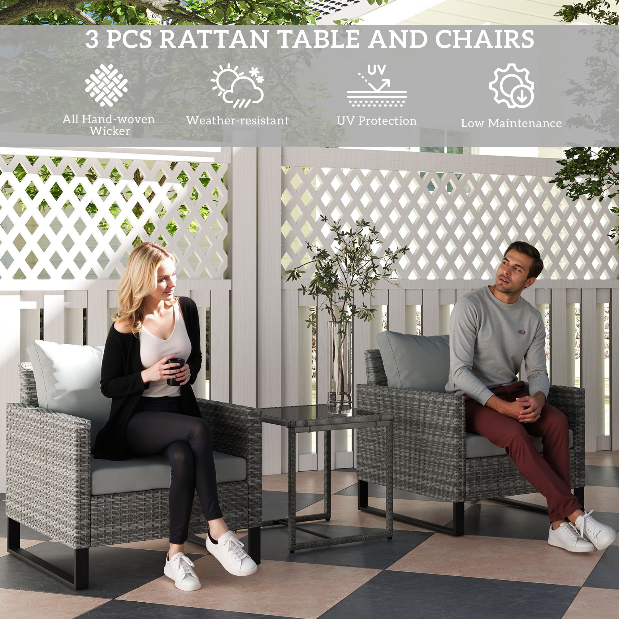 Outsunny 3 Pieces Rattan Bistro Set with 4 Cushions, Wicker Garden Furniture Set, Glass Top Coffee Table and Chairs for Outdoor Patio, Balcony, Terrace and Conservatory, Grey - North Peak Garden Furniture