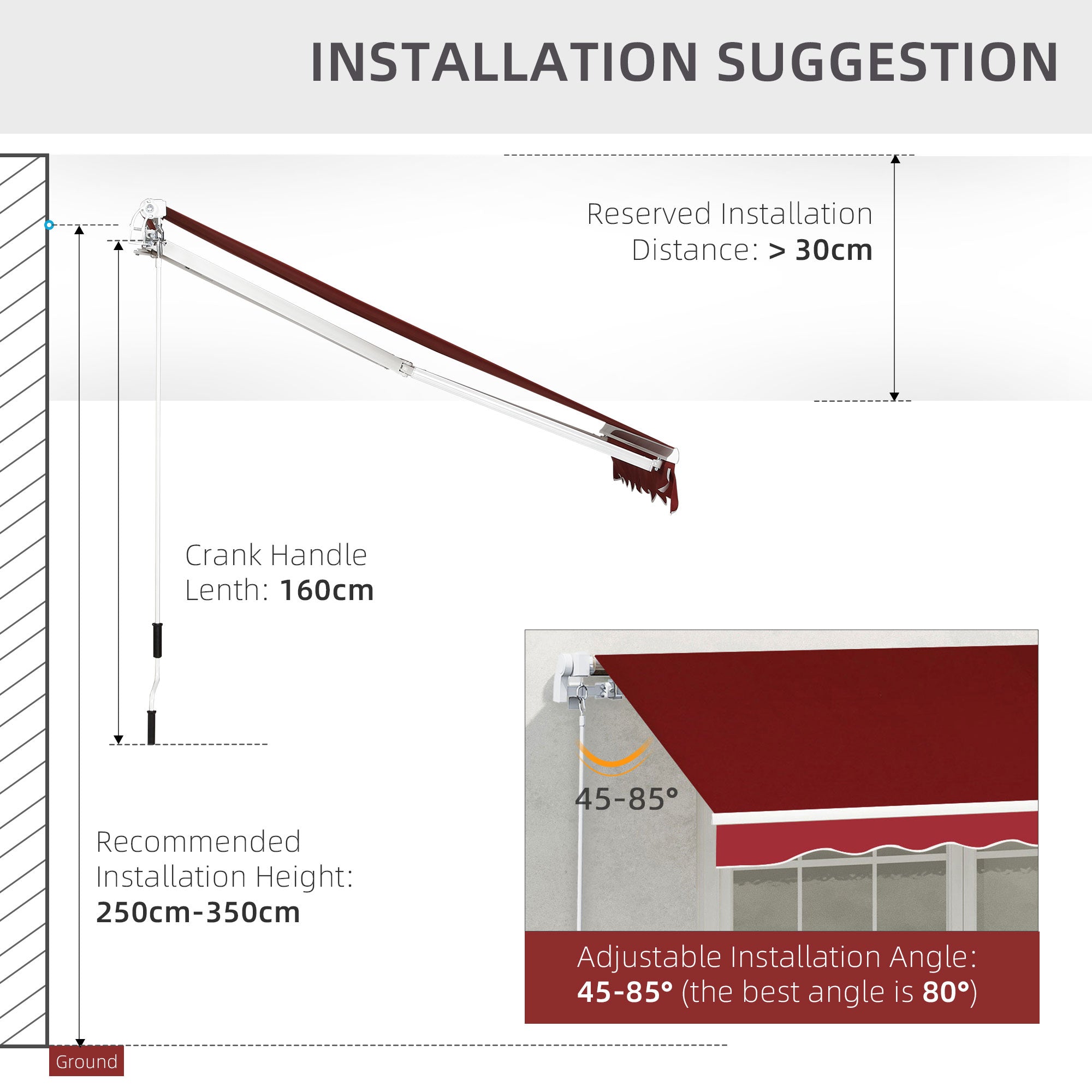 Outsunny Retractable Sun Shade Awning for Patio, Manual, Outdoor Deck Canopy Shelter, 2.5mx2m, Dark Red