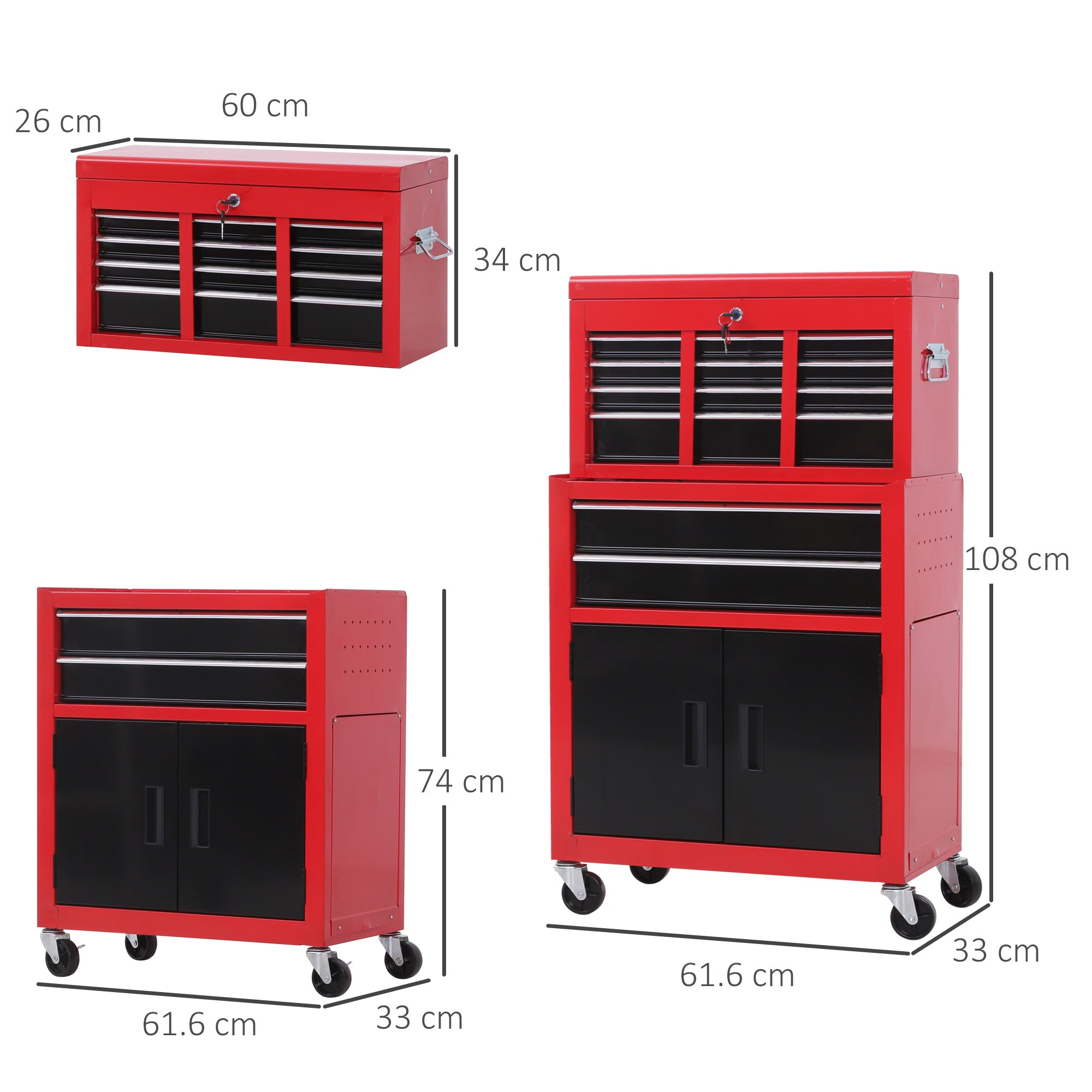 HOMCOM Tool Chest, Metal Tool Cabinet on Wheels with 6 Drawers, Pegboard, Top Chest and Roller Cabinet Combo, 61.6 x 33 x 108cm, Red - North Peak Garden Furniture