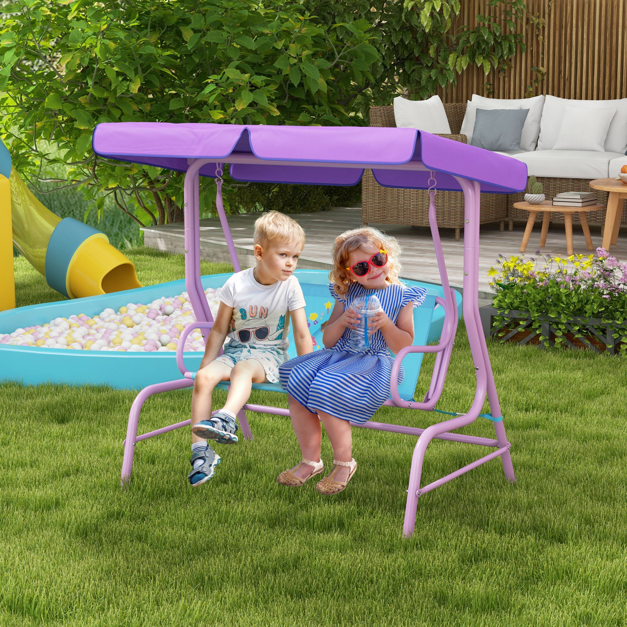 Outsunny Two Seater Kids Garden Swing, Fairy Themed kids Swing Chair with Adjustable Canopy, Safety Belts for Outdoor Use - North Peak Garden Furniture